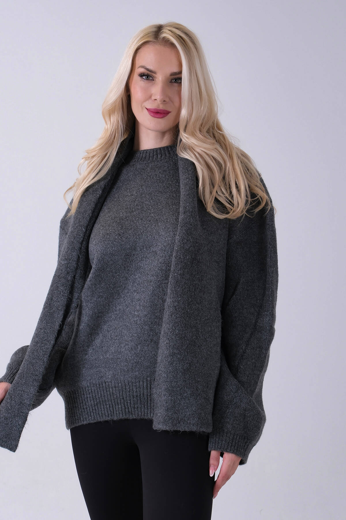 Antrasit Şal Aksesuarlı Bisiklet Yaka Triko Kazak 46892633.315 - Ardanewline