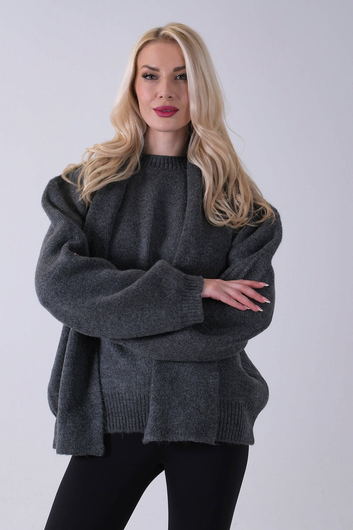 Antrasit Şal Aksesuarlı Bisiklet Yaka Triko Kazak 46892633.315 - Ardanewline (1)