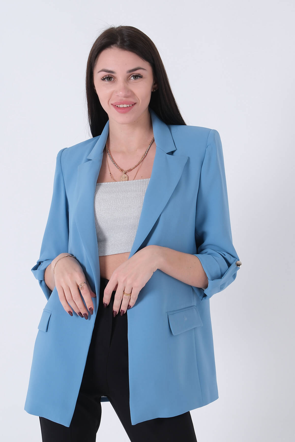 Bebe Mavi Astarlı Kolları Düğme Toparlamalı Ceket 0105136.449 - Ardanewline