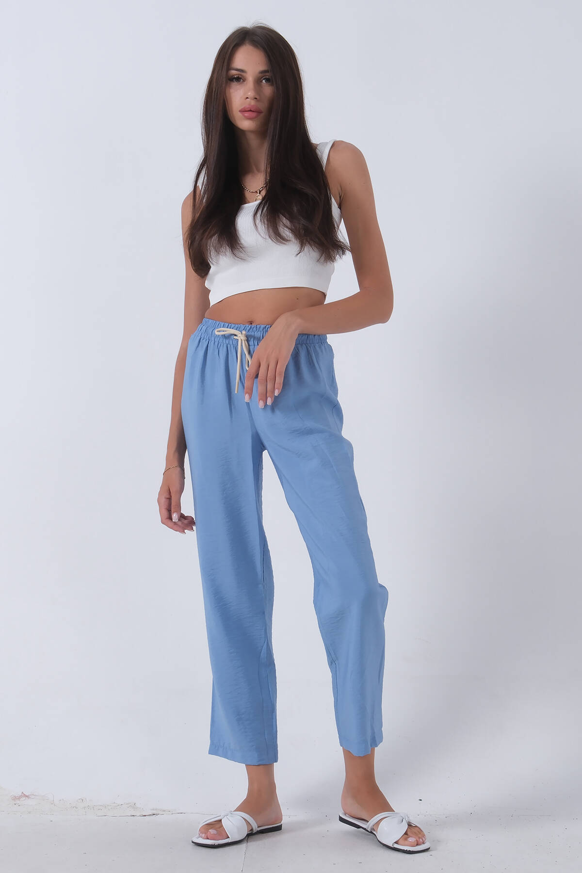 Bebe Mavi Belden Bağlamalı Lastikli Keten Pantolon 0803447.449 - Ardanewline