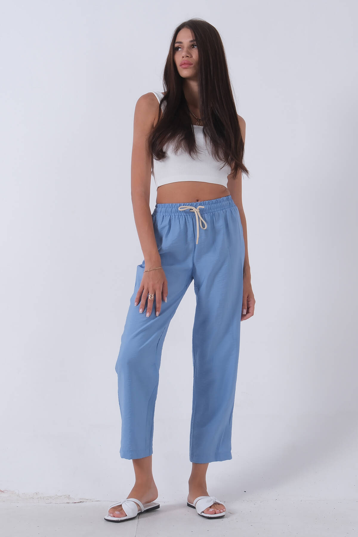 Bebe Mavi Belden Bağlamalı Lastikli Keten Pantolon 0803447.449 - Ardanewline (1)