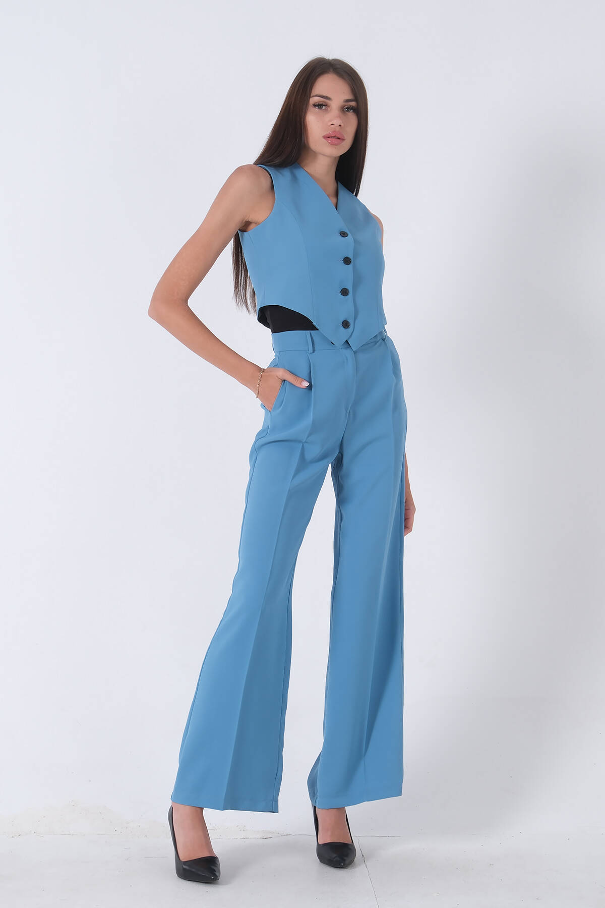 Bebe Mavi Dokuma Astarlı Crop Yelekli Takım 0106317.449 - Ardanewline (1)