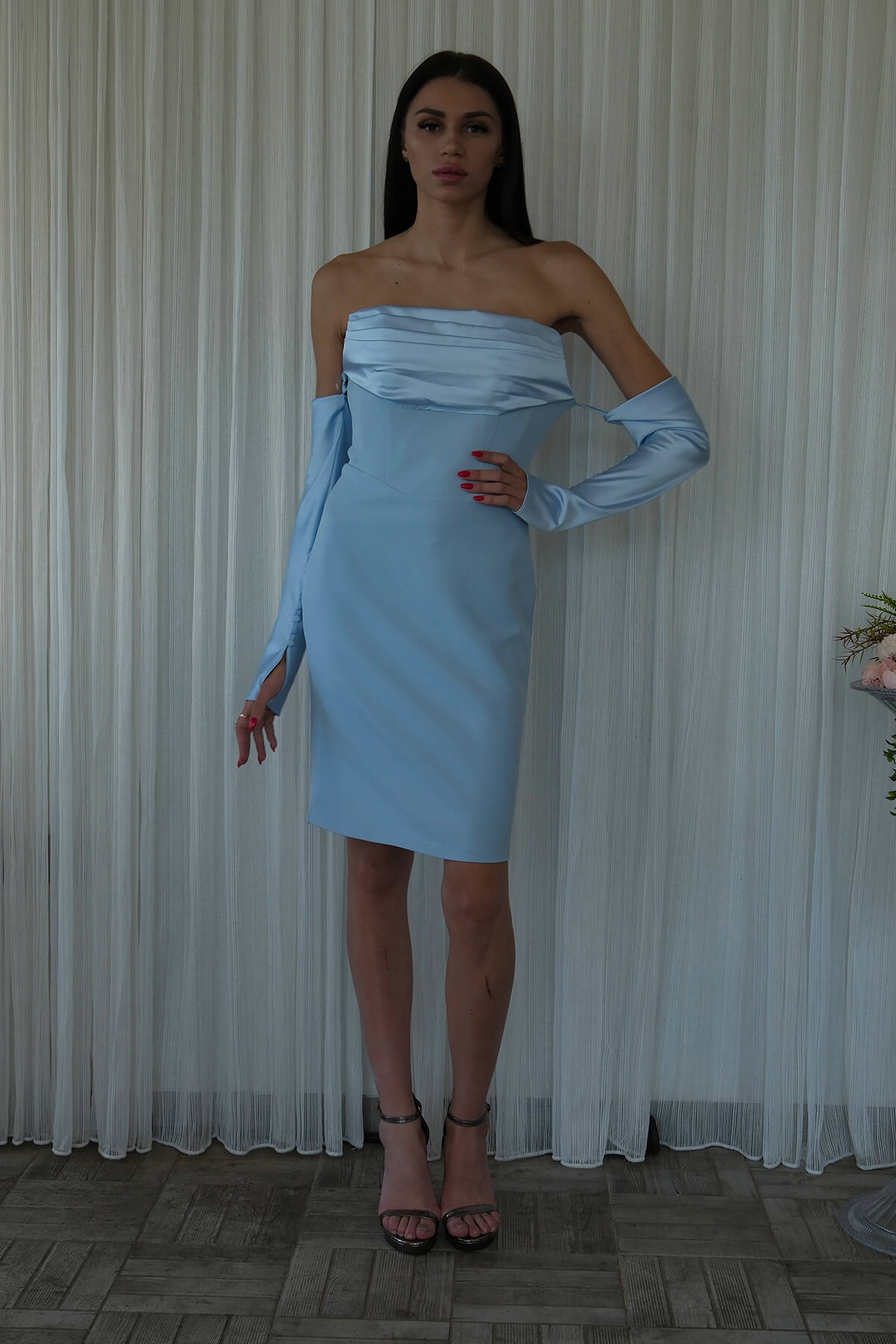 Bebe Mavi Drapeli Düğme Detaylı Mini Boy Abiye 9705537.449