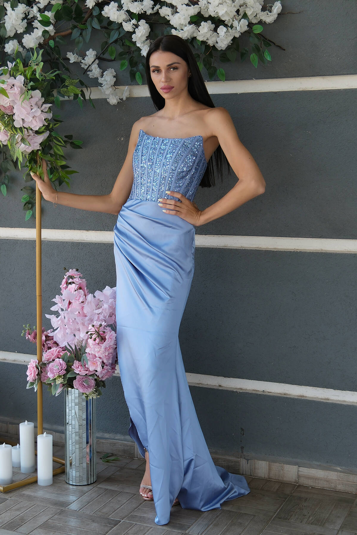 Bebe Mavi Göğüs Pul ve Taşlı Saten Abiye 9705294.449 - Ardanewline