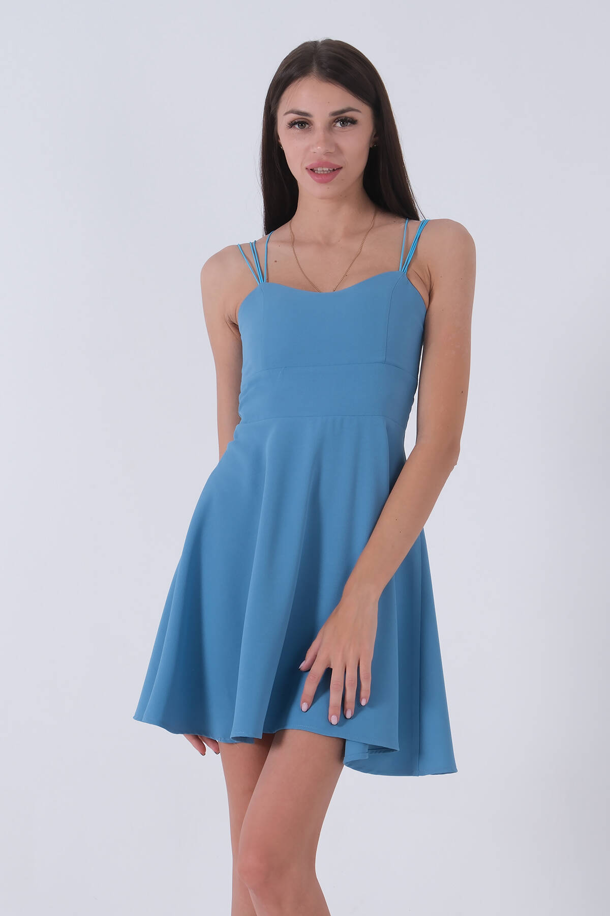 Bebe Mavi İnce Askılı Sırt Dekolteli V Yaka Kloş Abiye Elbise & Mezuniyet Elbisesi 0104026.449 - Ardanewline (1)