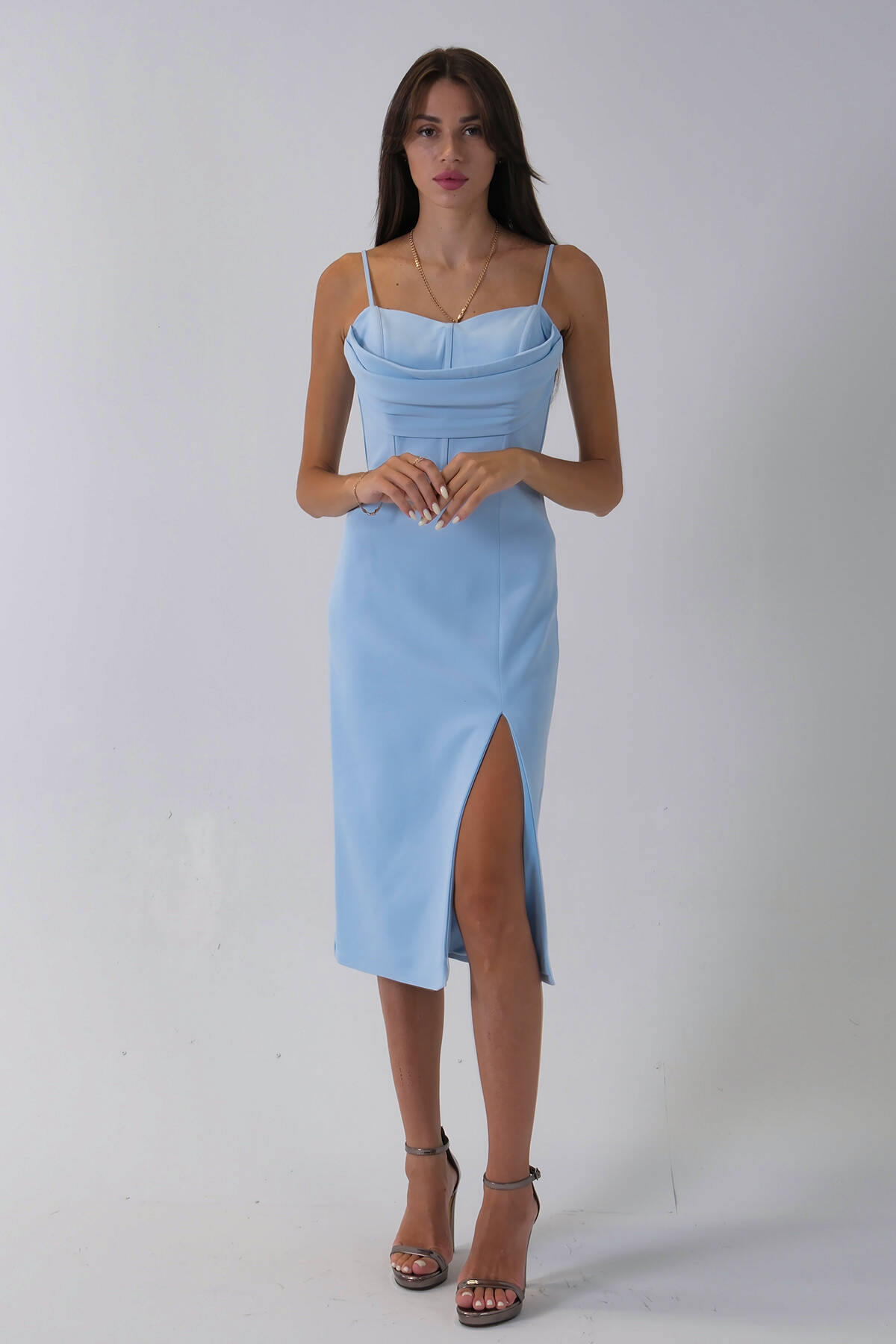 Bebe Mavi İp Askılı Yırtmaç Detaylı Midi Boy Abiye 0801078.449 - Ardanewline