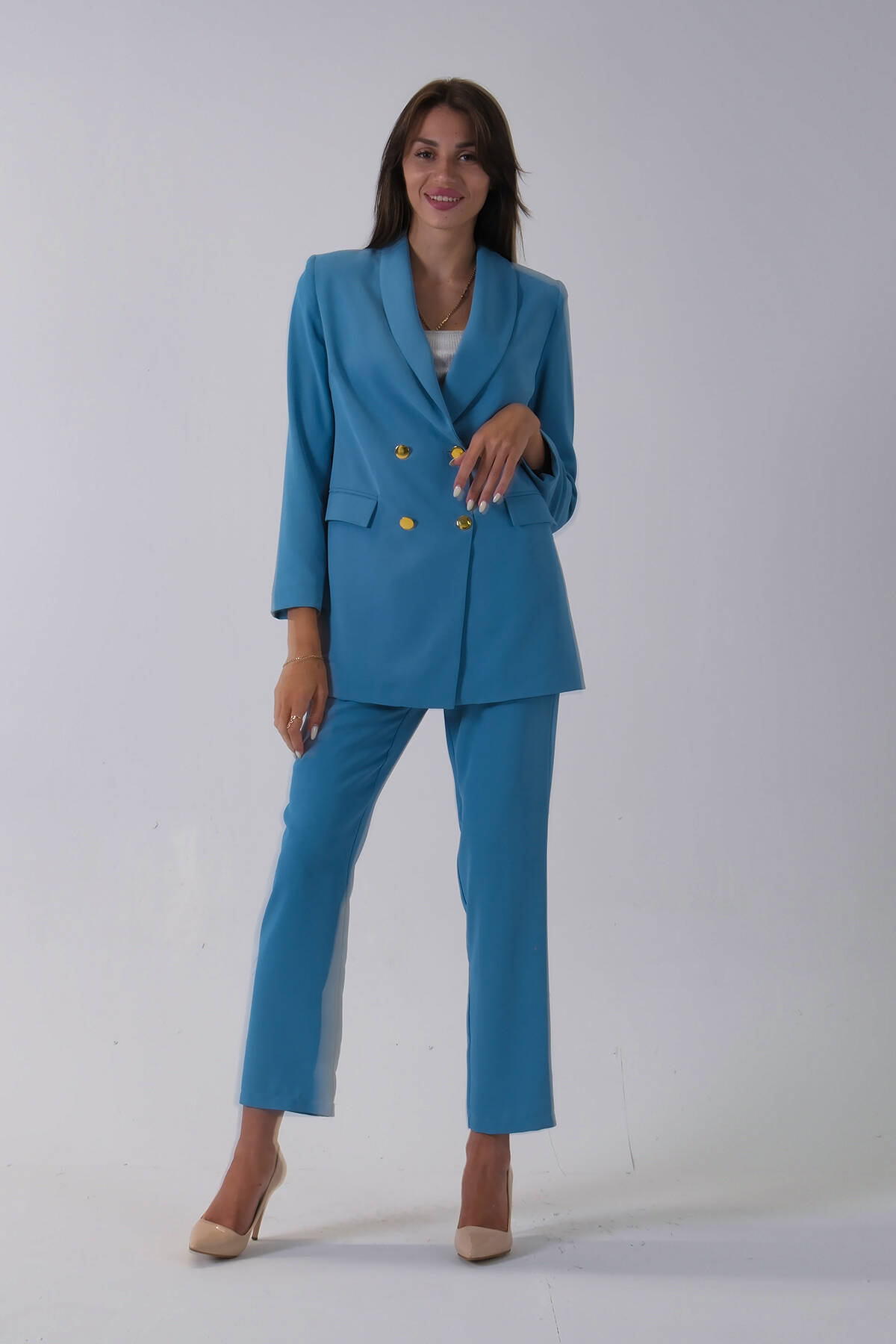 Bebe Mavi Kadın Dört Düğmeli Kruvaze Blazer Ceket & Pantolon Takım 0106305.449 - Ardanewline (1)