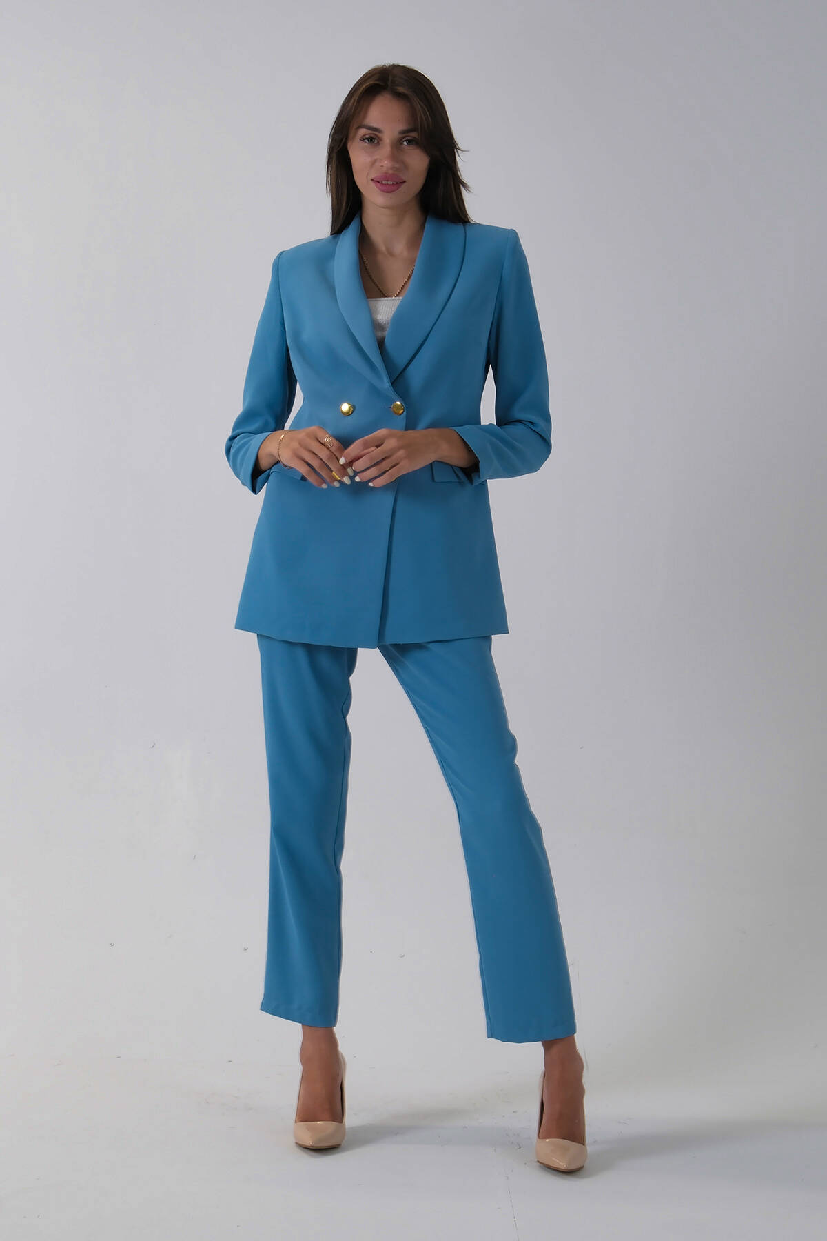 Bebe Mavi Kadın Dört Düğmeli Kruvaze Blazer Ceket & Pantolon Takım 0106305.449 - Ardanewline