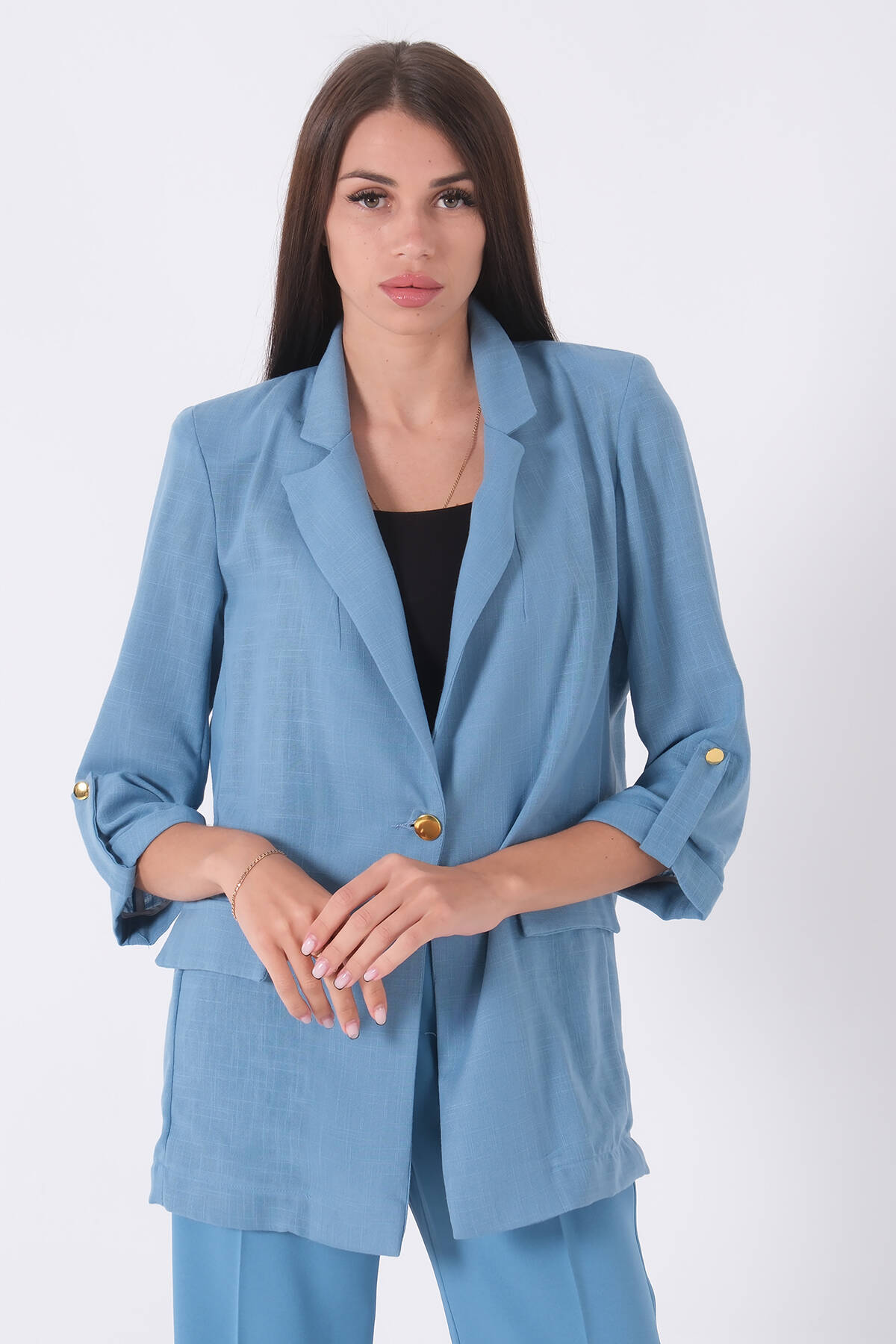 Bebe Mavi Kolları Düğme Toparlamalı Keten Ceket 01051361.449 - Ardanewline