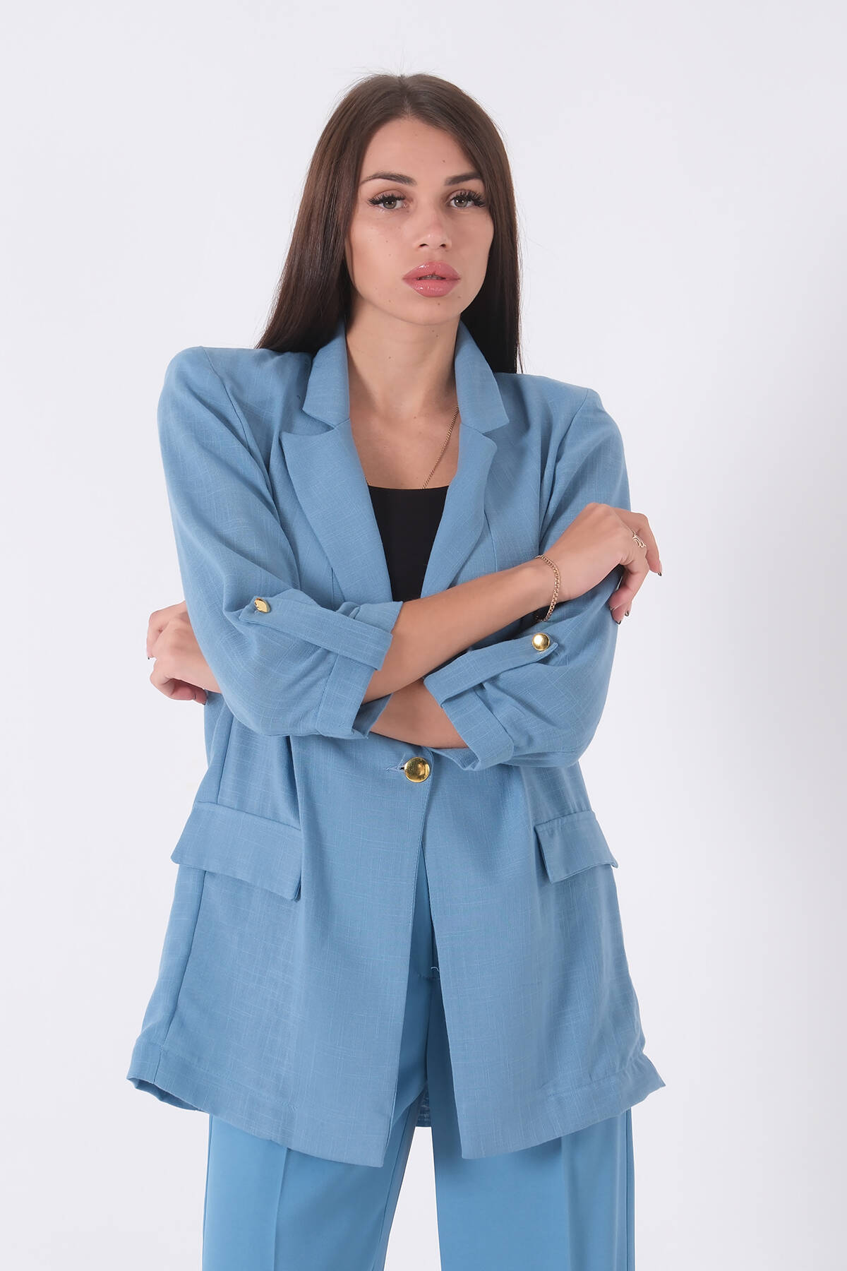 Bebe Mavi Kolları Düğme Toparlamalı Keten Ceket 01051361.449 - Ardanewline (1)