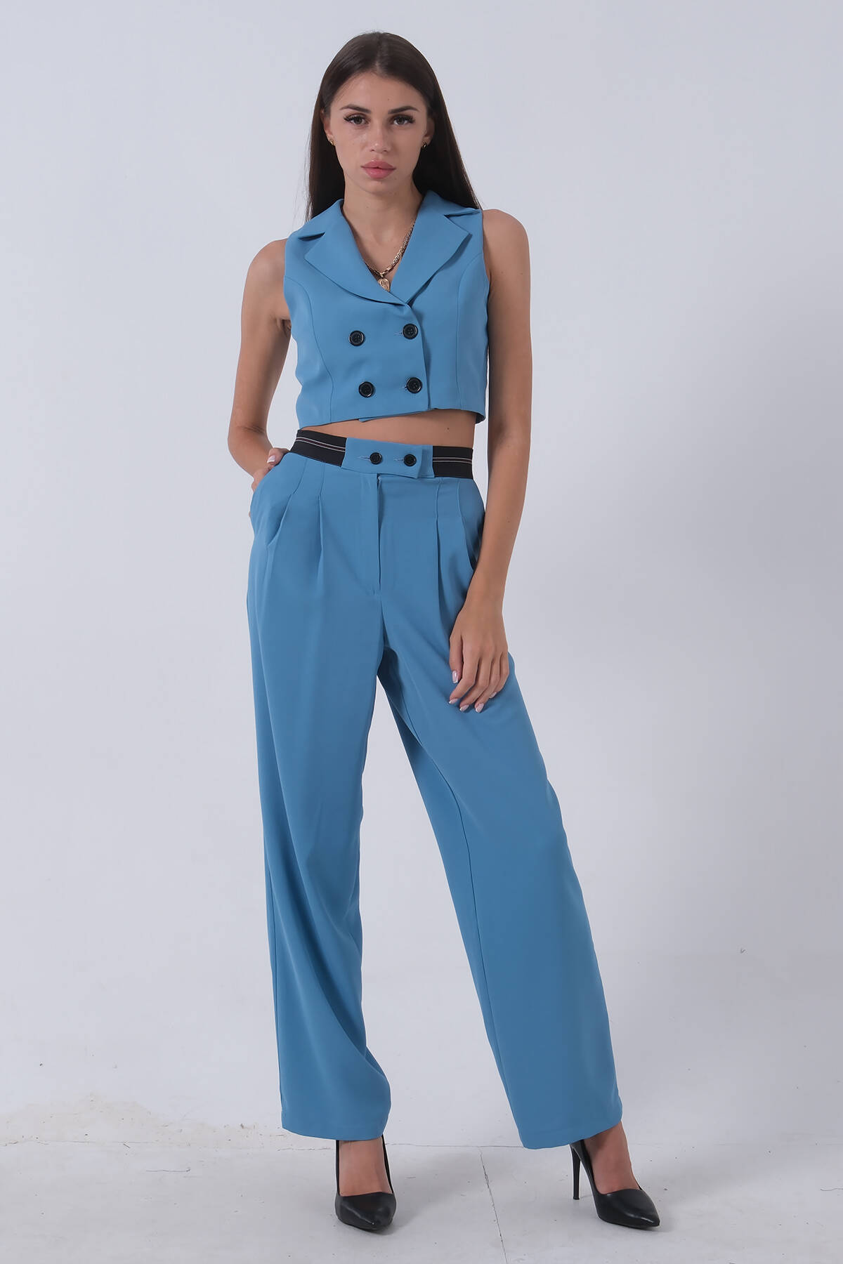 Bebe Mavi Likralı Krep Kumaş Yelekli Pantolon Takım 0106323.449 - Ardanewline