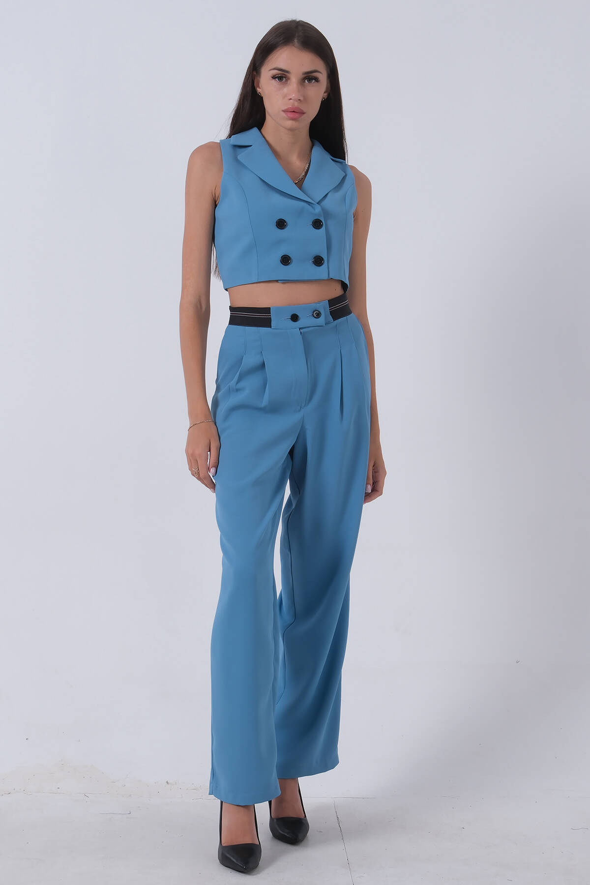 Bebe Mavi Likralı Krep Kumaş Yelekli Pantolon Takım 0106323.449 - Ardanewline (1)