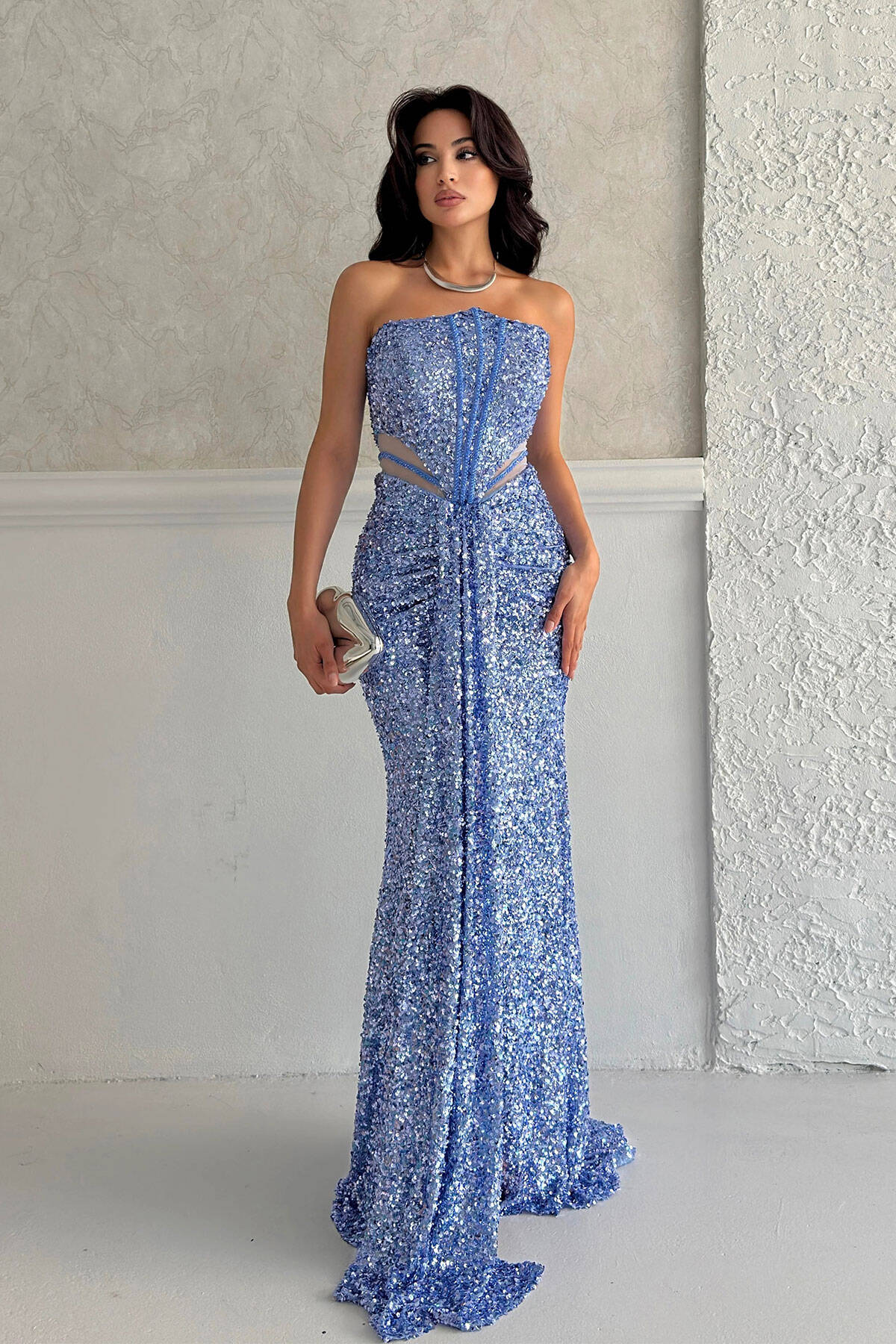 Bebe Mavi Önü Taş Detaylı Yırtmaçlı Pul Payet Straplez Abiye 0801163.449 - Ardanewline (1)