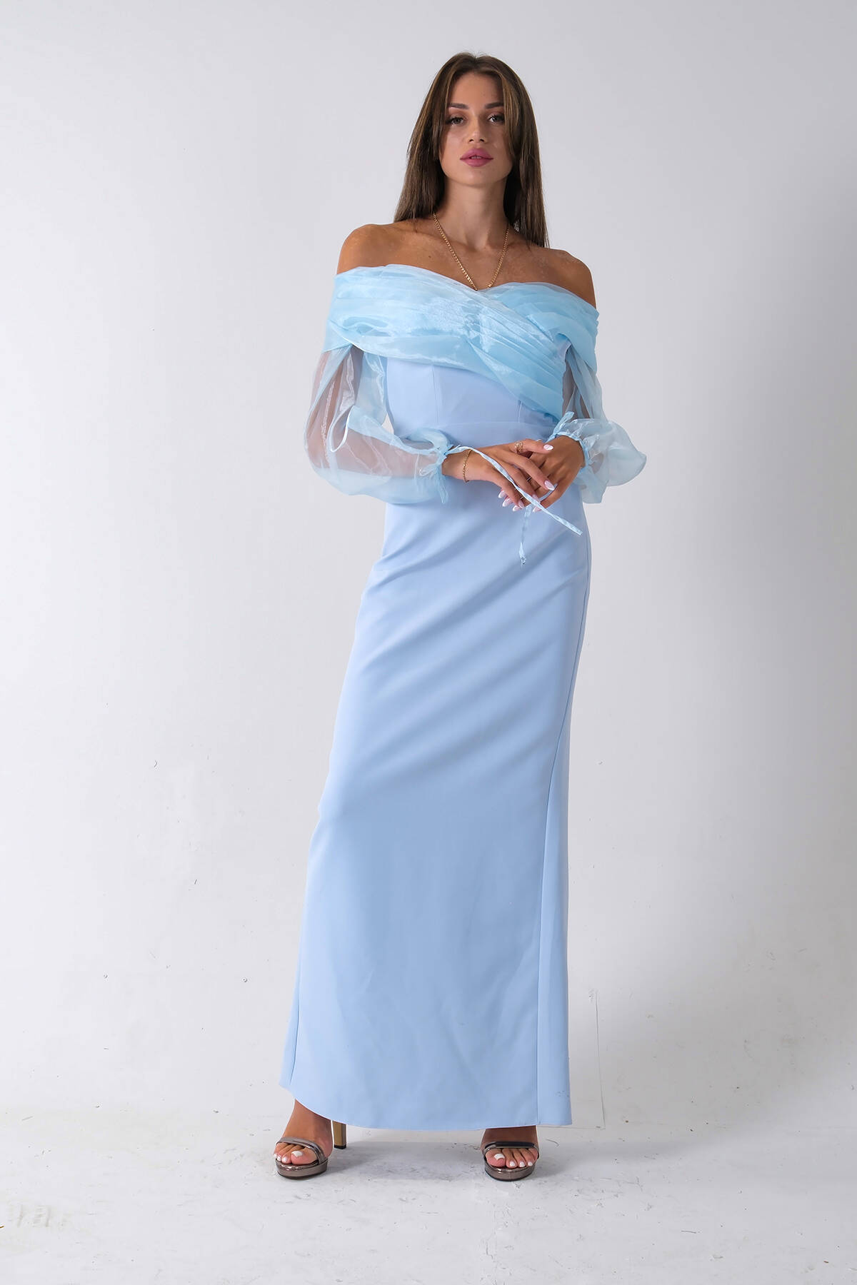 Bebe Mavi Organze Kol Detaylı Kayık Yaka Abiye 0801086.449 - Ardanewline