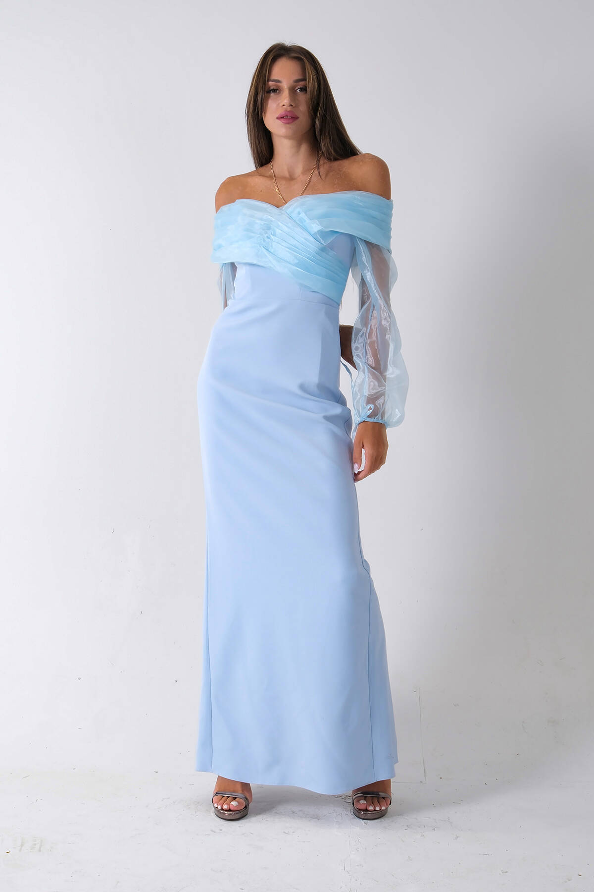 Bebe Mavi Organze Kol Detaylı Kayık Yaka Abiye 0801086.449 - Ardanewline (1)