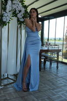 Bebe Mavi Straplez Drape Detaylı Yırtmaçlı Saten Kumaş Abiye Elbise 1607209.449 - 2