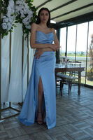 Bebe Mavi Straplez Drape Detaylı Yırtmaçlı Saten Kumaş Abiye Elbise 1607209.449 - 4