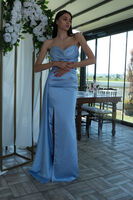 Bebe Mavi Straplez Drape Detaylı Yırtmaçlı Saten Kumaş Abiye Elbise 1607209.449 - 5