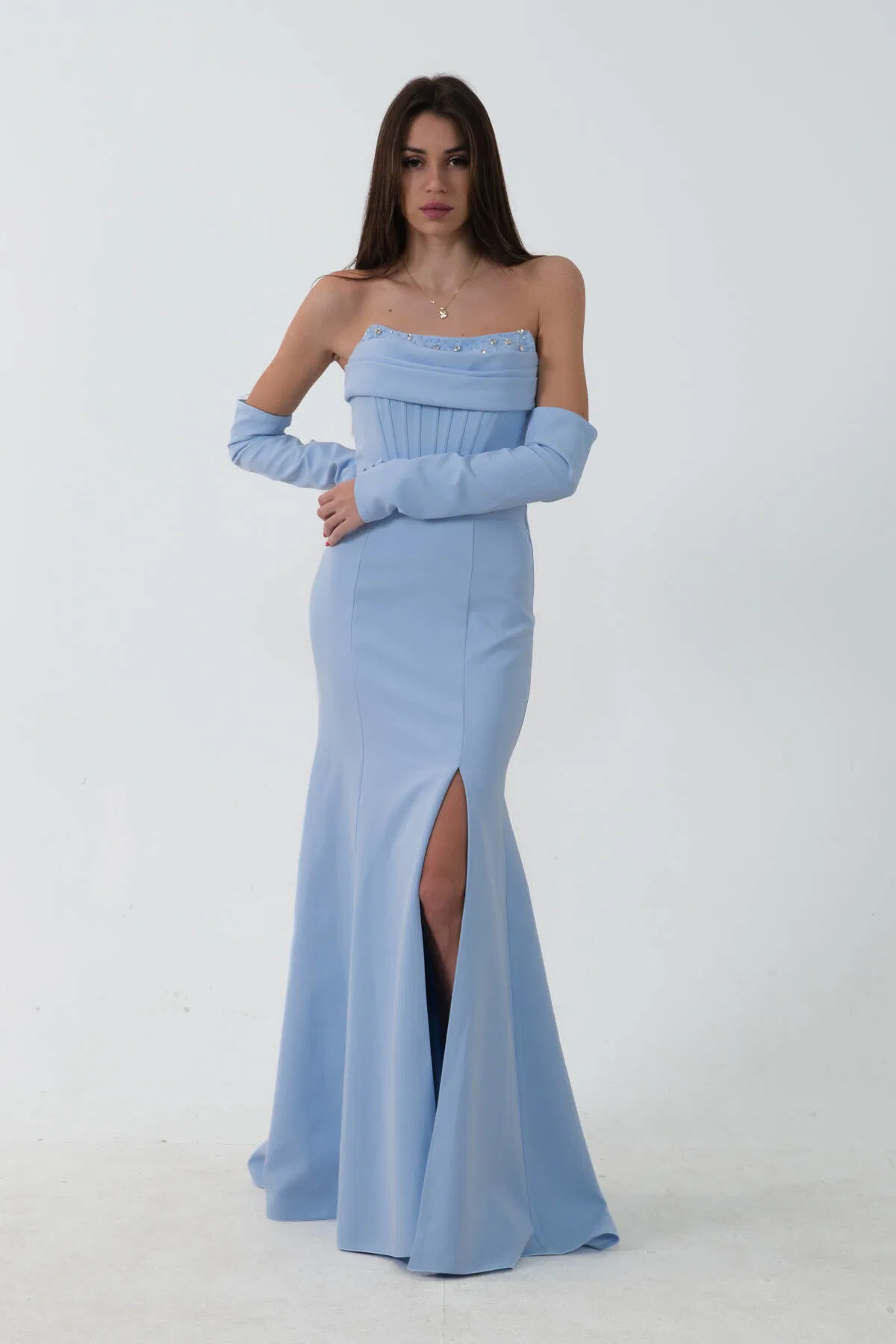 Bebe Mavi Takma Kol Önü Drapeli Taş Detaylı Yırtmaçlı Abiye 0801146.449 - Ardanewline