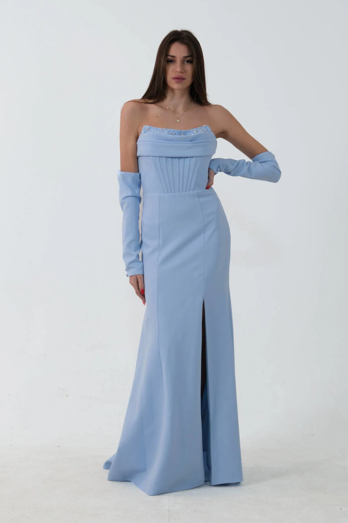 Bebe Mavi Takma Kol Önü Drapeli Taş Detaylı Yırtmaçlı Abiye 0801146.449 - Ardanewline (1)