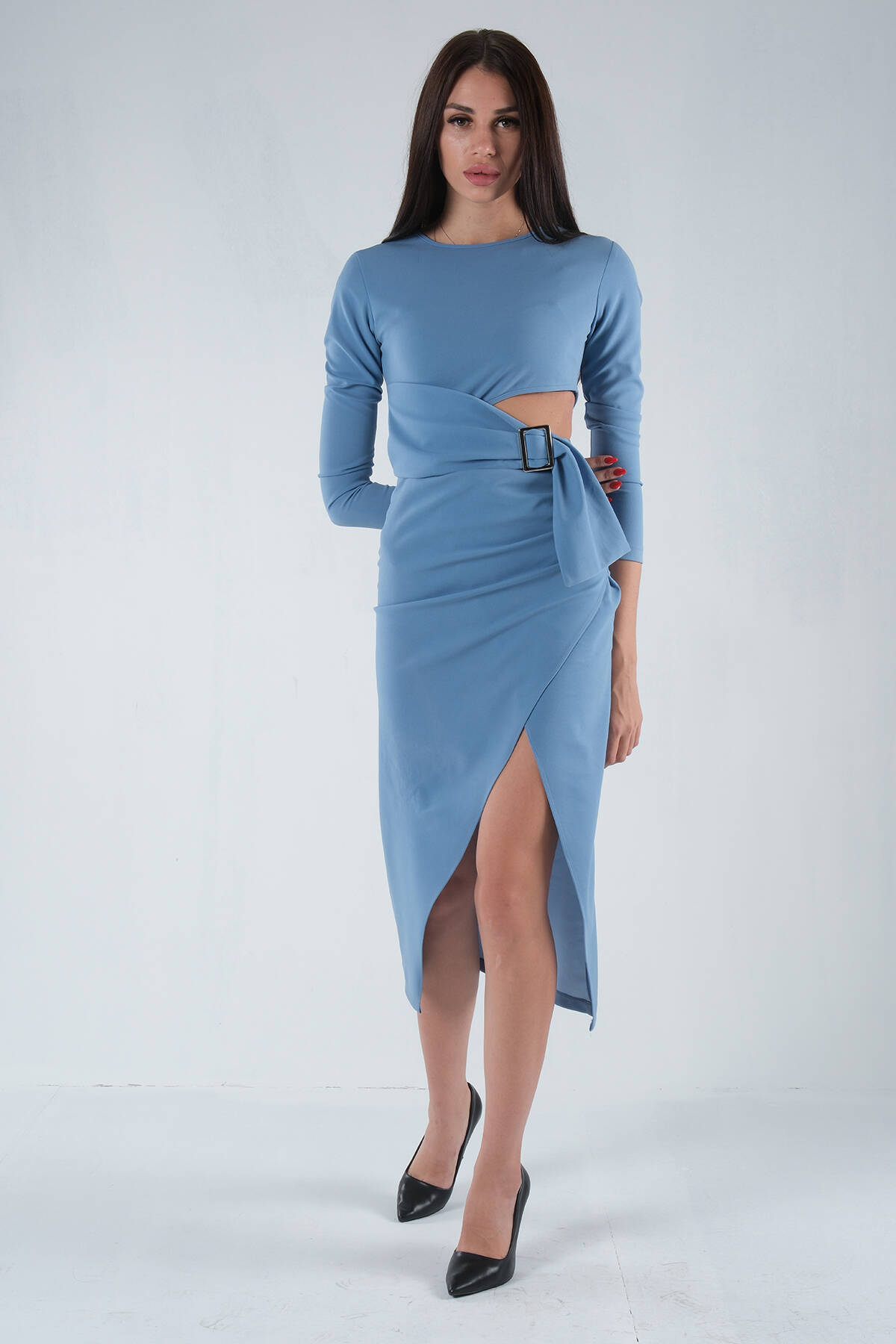 Bebe Mavi Yırtmaçlı Tokalı Elbise 0104025.449 - Ardanewline (1)