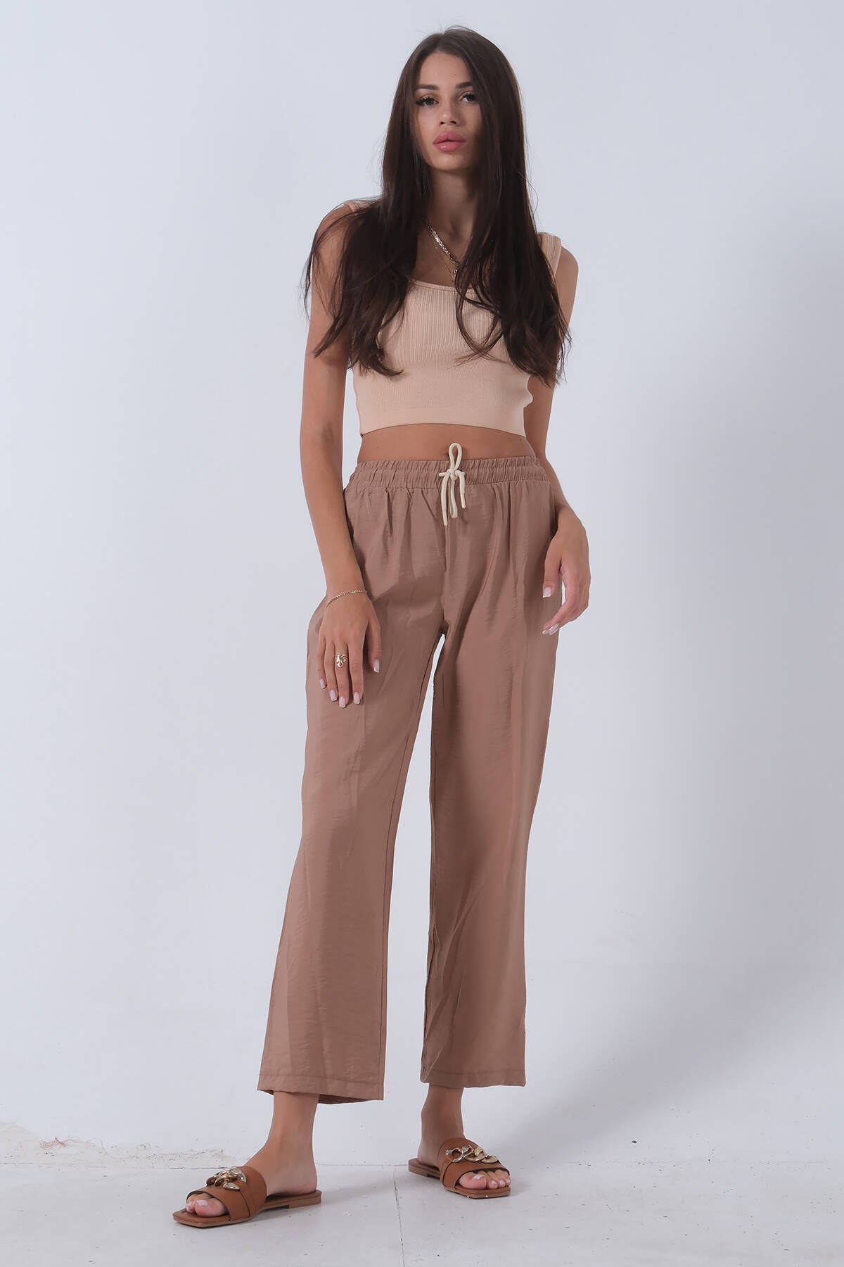 Bej Belden Bağlamalı Lastikli Keten Pantolon 0803447.55 - Ardanewline (1)