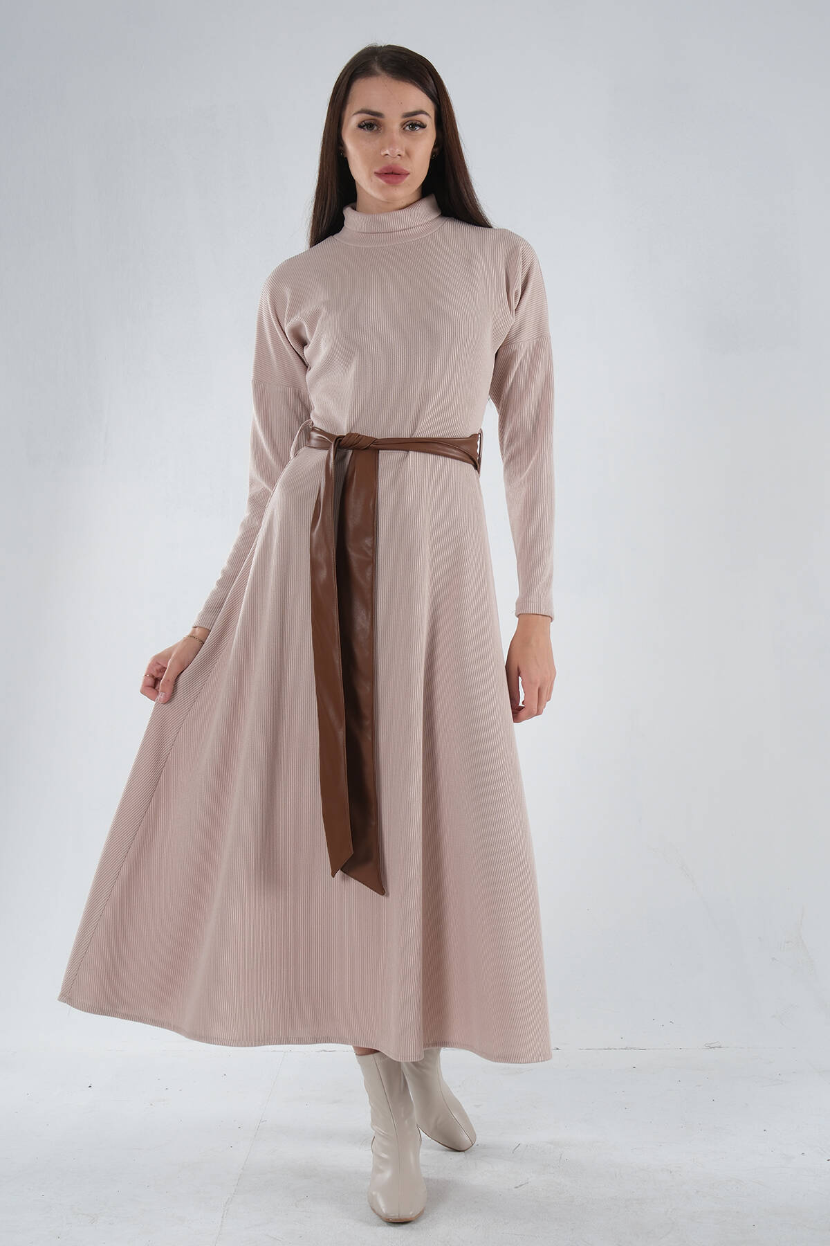 Bej Beli Kemerli Örme Elbise 0104030.55 - Ardanewline