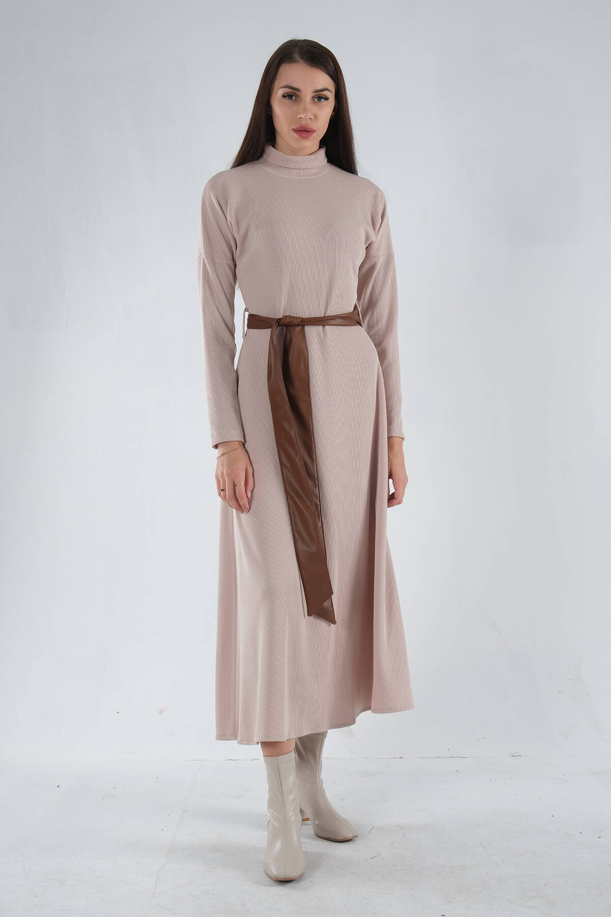 Bej Beli Kemerli Örme Elbise 0104030.55 - Ardanewline (1)