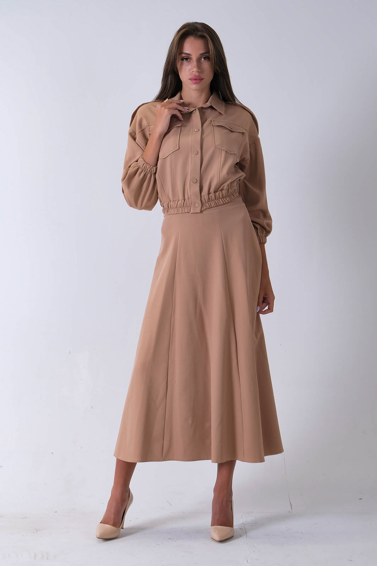 Bej Beli Lastikli Cepli Ceket ve Etek İkili Takım 4595053.55 - Ardanewline