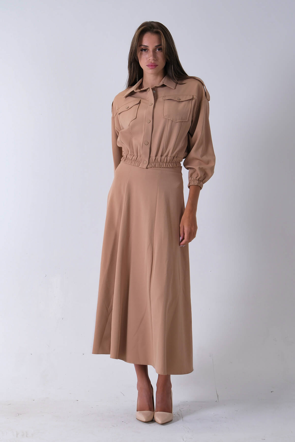 Bej Beli Lastikli Cepli Ceket ve Etek İkili Takım 4595053.55 - Ardanewline (1)