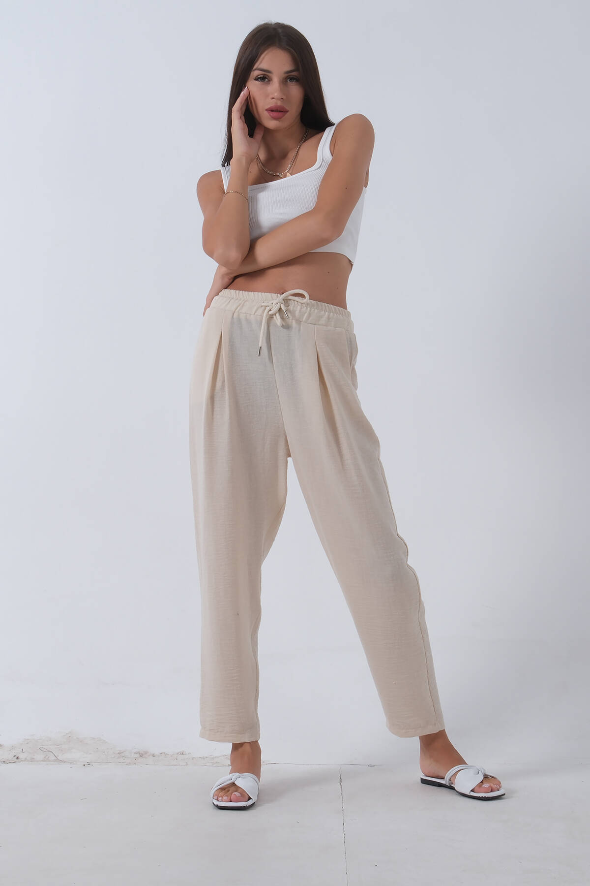 Bej Beli Lastikli Keten Pantolon 3970412.55 - Ardanewline
