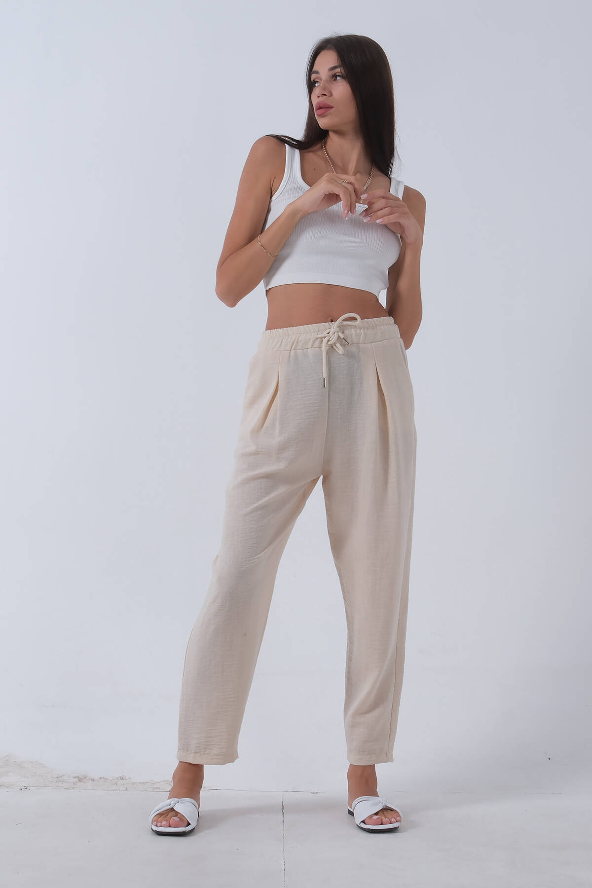 Bej Beli Lastikli Keten Pantolon 3970412.55 - Ardanewline (1)