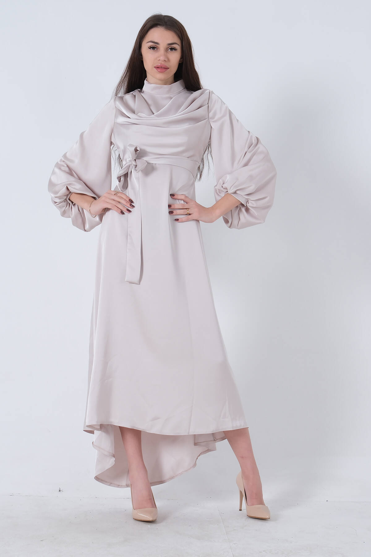 Bej Degaje Saten Balon Kol Tesettür Elbise 5305035.55 - Ardanewline