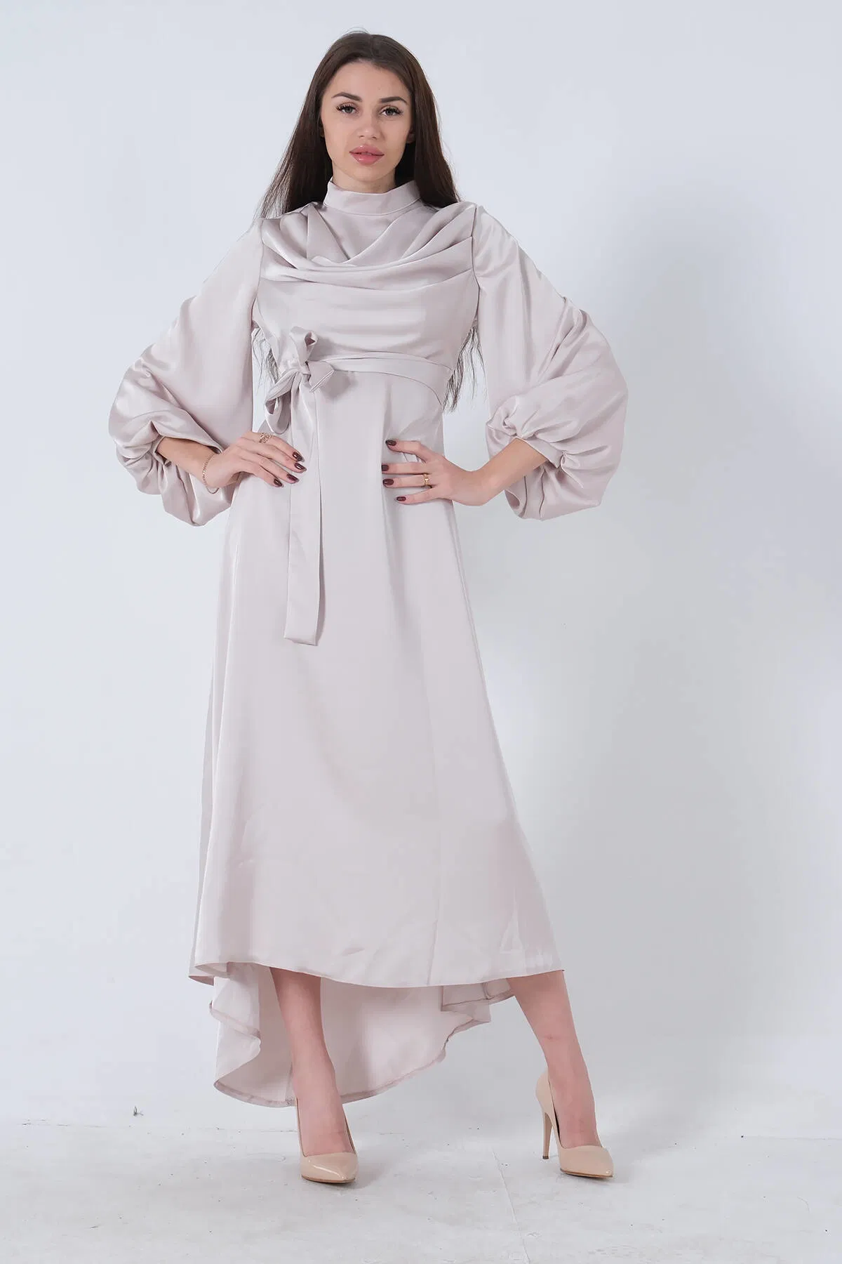 Bej Degaje Saten Balon Kol Tesettür Elbise 5305035.55 - Ardanewline