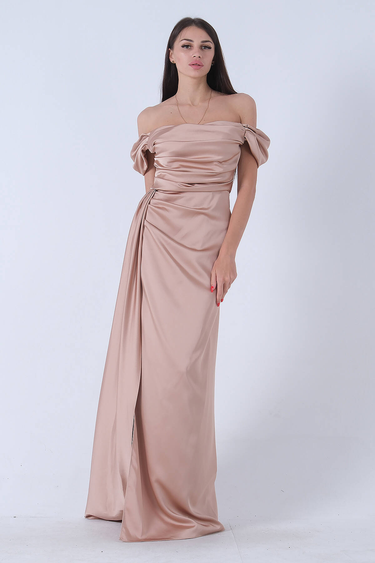Bej Drape Detaylı Saten Kumaş Abiye Elbise 9704858.55 - Ardanewline