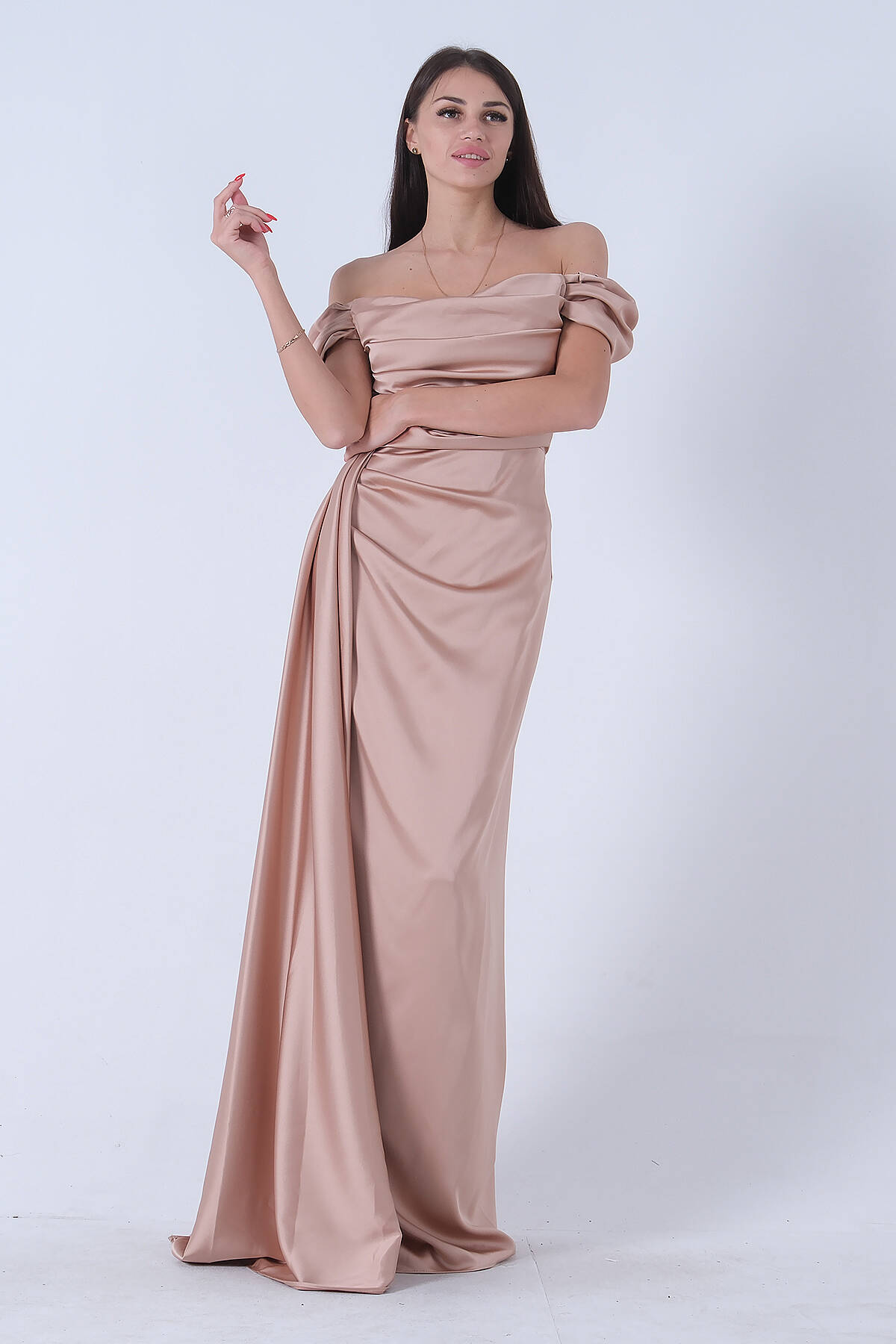 Bej Drape Detaylı Saten Kumaş Abiye Elbise 9704858.55 - Ardanewline (1)