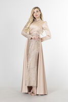 Bej Drape Ve Kuyruk Detaylı Simli Abiye Elbise 6502422.55 - 4