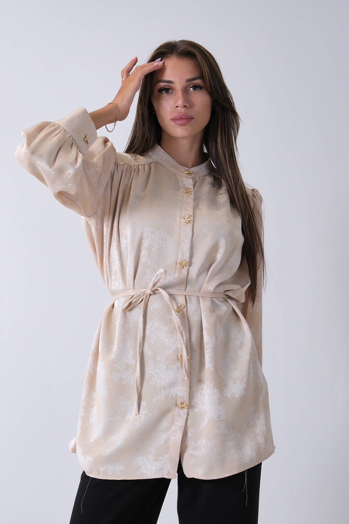 Bej Hakim Yaka Bel Bağlamalı Desenli Tunik 4595333.55 - Ardanewline (1)