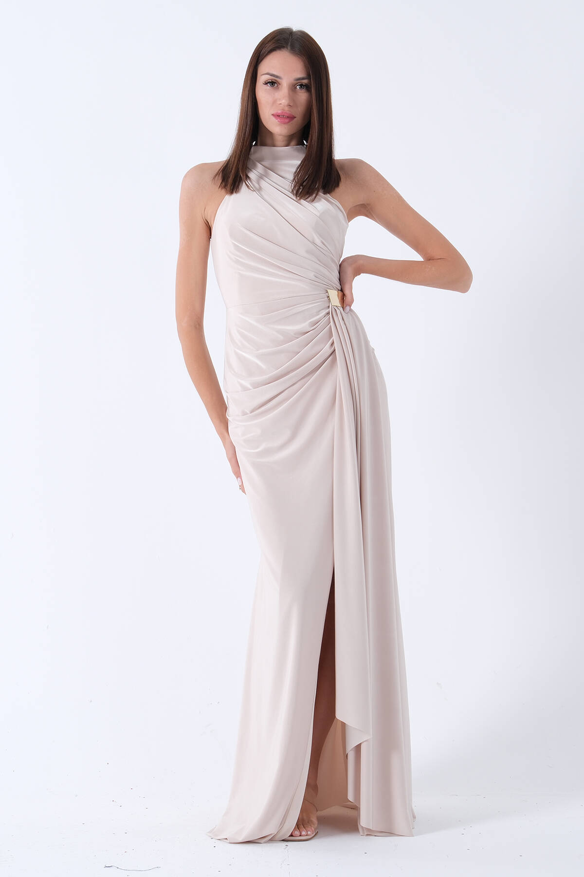 Bej Halter Yaka Drapeli Beli Gold Toka Detaylı Straplez Abiye 9705862.55 - ArdaNewline (1)