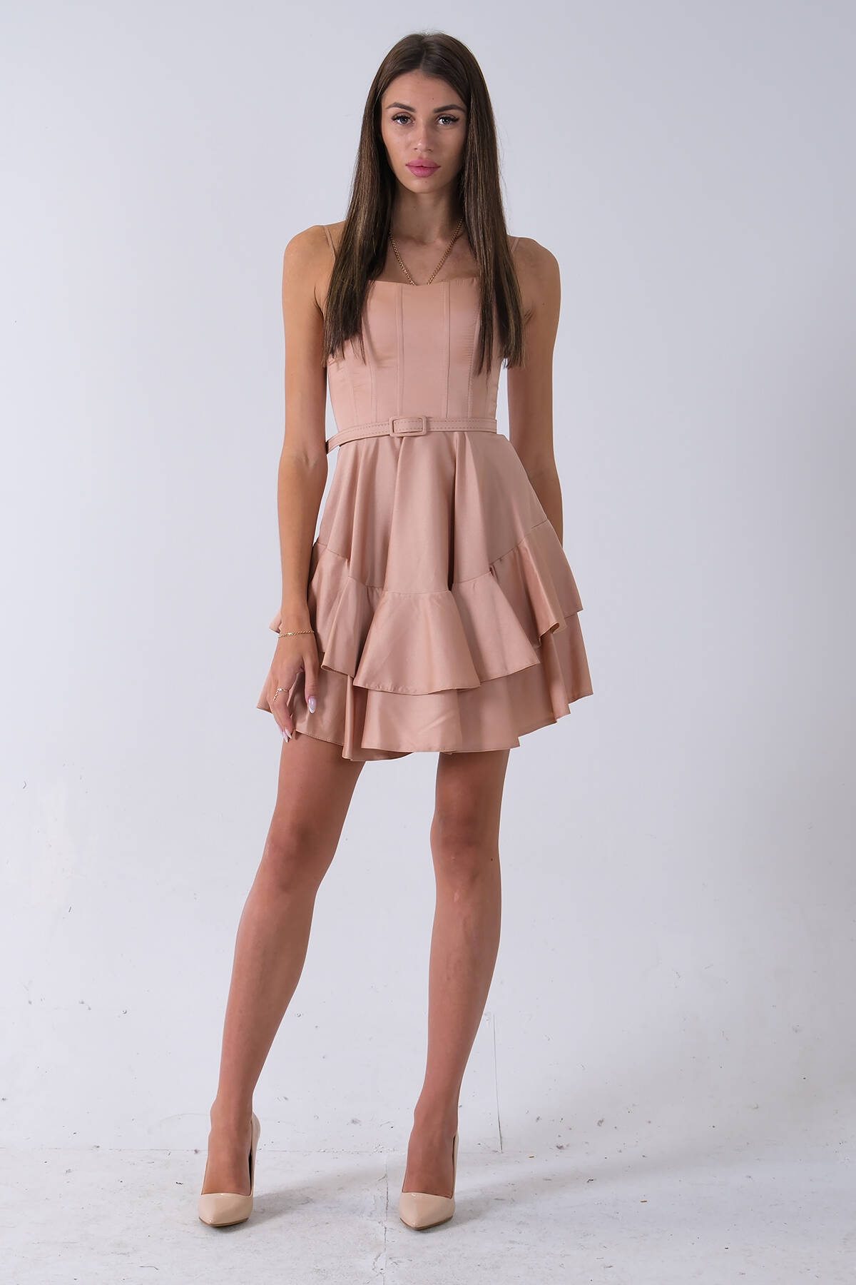 Bej İp Askılı Bel Kemer Bağlamalı Mini Boy Abiye 0802004.55 - Ardanewline