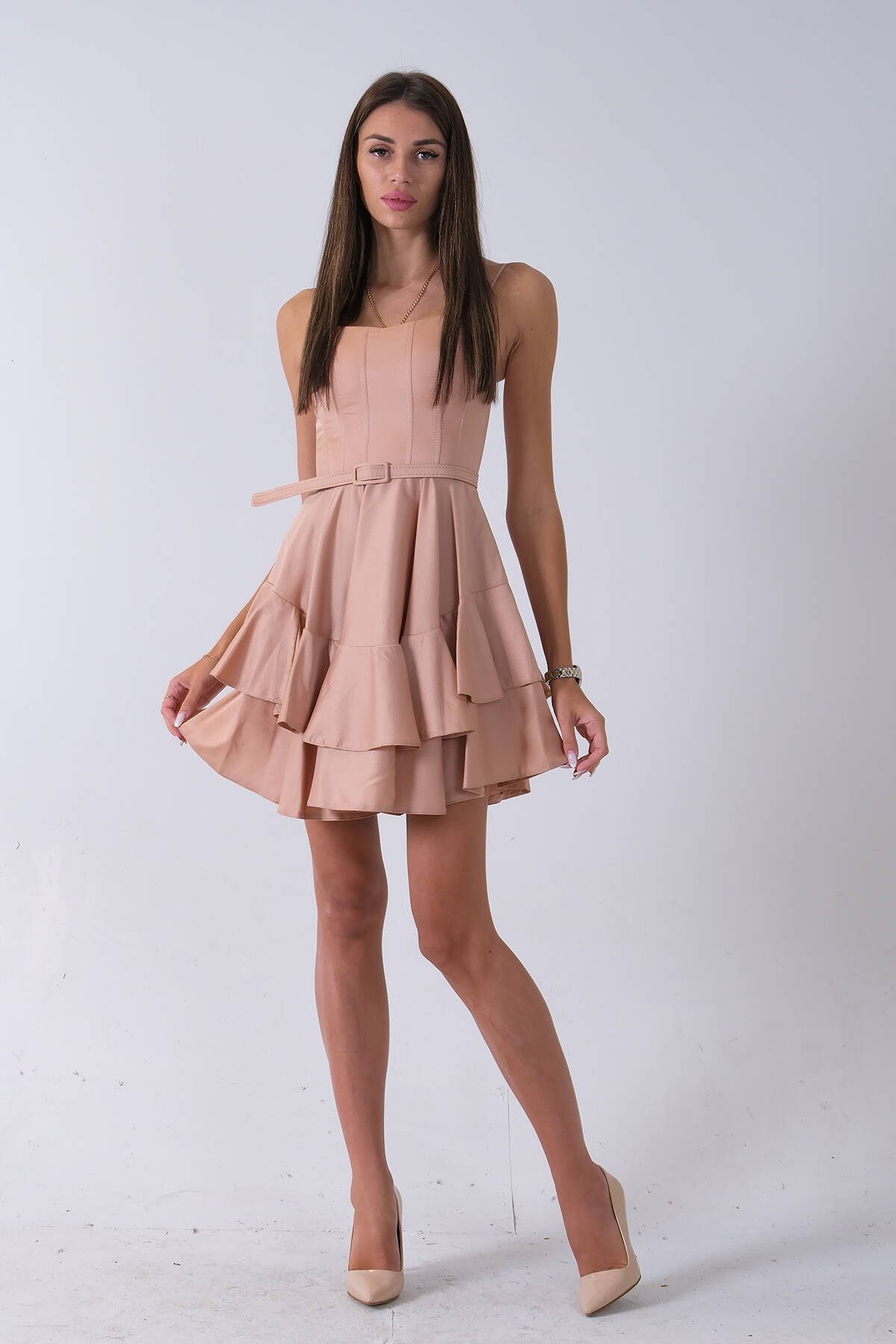 Bej İp Askılı Bel Kemer Bağlamalı Mini Boy Abiye 0802004.55 - Ardanewline (1)