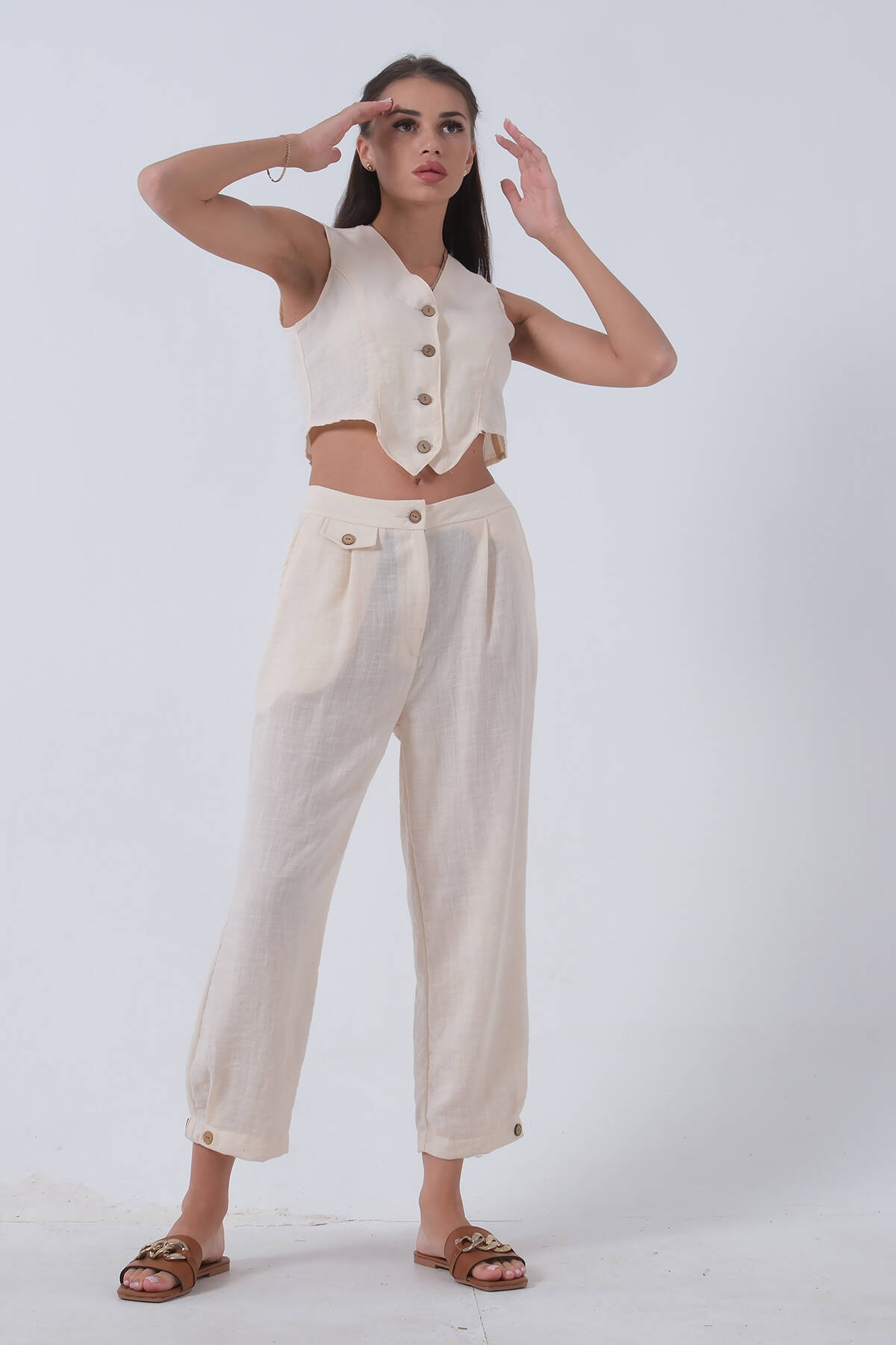 Bej Keten Yelekli Takım 0106321.55 - Ardanewline