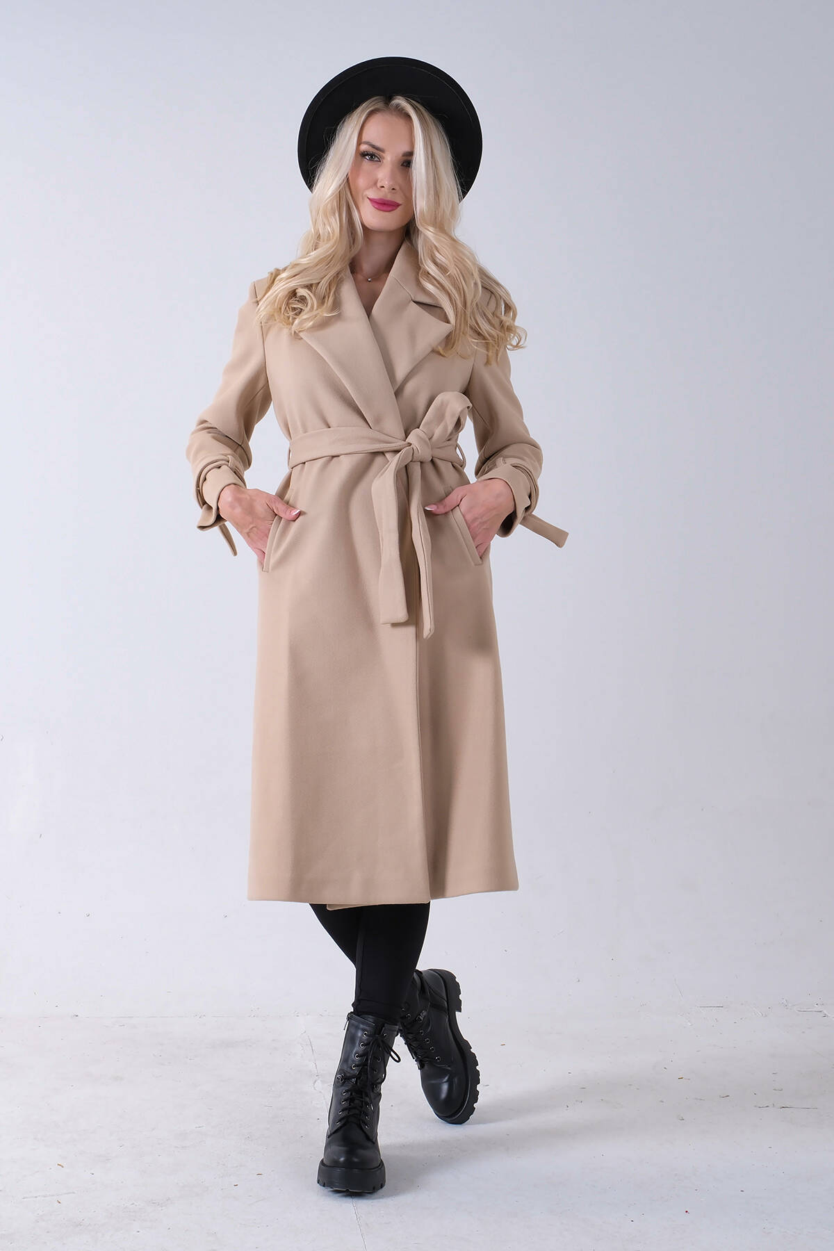 Bej Kol Bağlamalı Seyyar Kuşaklı Uzun Kaşe Kaban 41630051.55 - Ardanewline