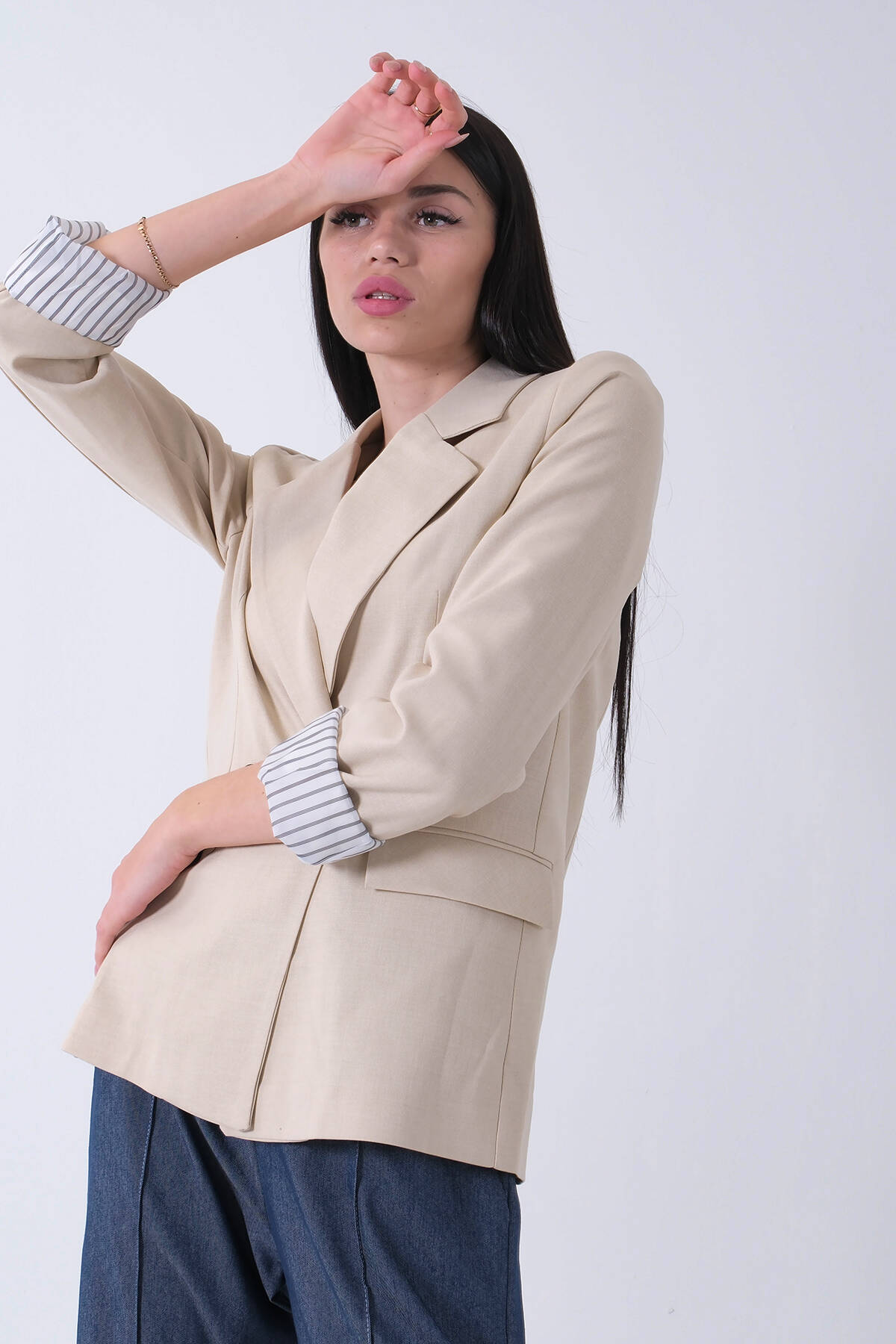Bej Kol Katlama Aksesuarlı Çizgili Ceket 41670043.55 - Ardanewline