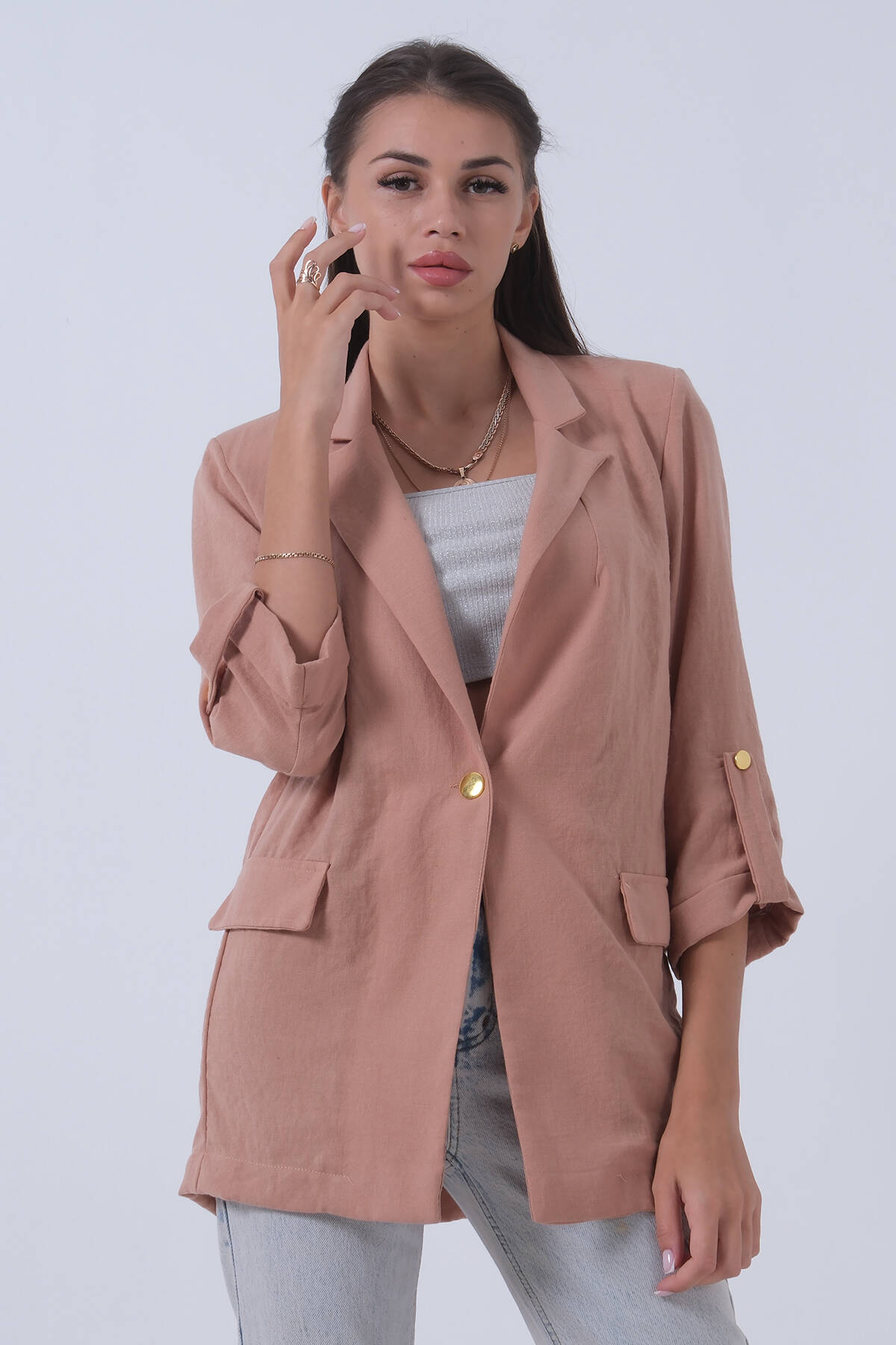 Bej Kolları Düğme Toparlamalı Keten Ceket 01051361.55 - Ardanewline