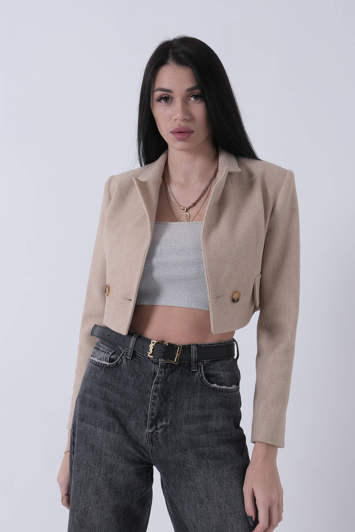 Bej Kruvaze Yaka Kaşe Crop Astarlı Blazer Ceket 0105125.55 - Ardanewline