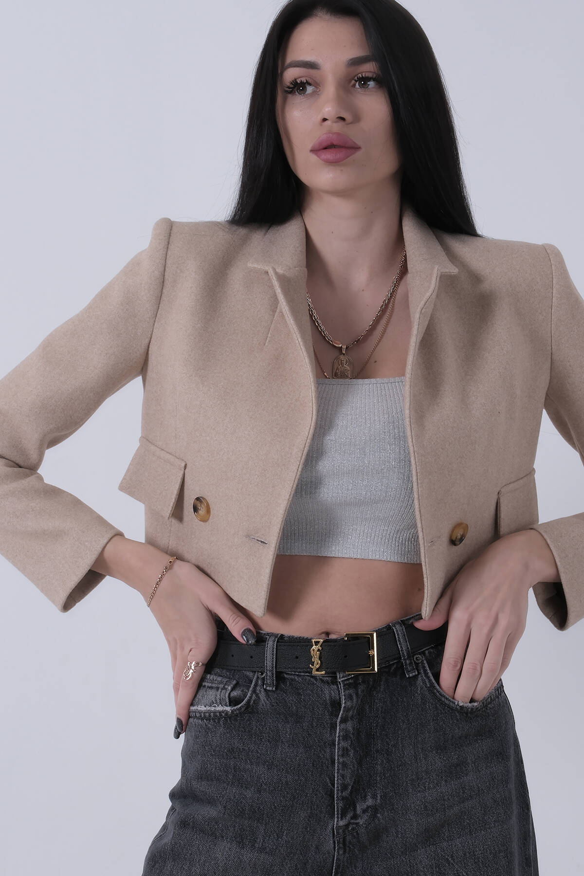 Bej Kruvaze Yaka Kaşe Crop Astarlı Blazer Ceket 0105125.55 - Ardanewline (1)
