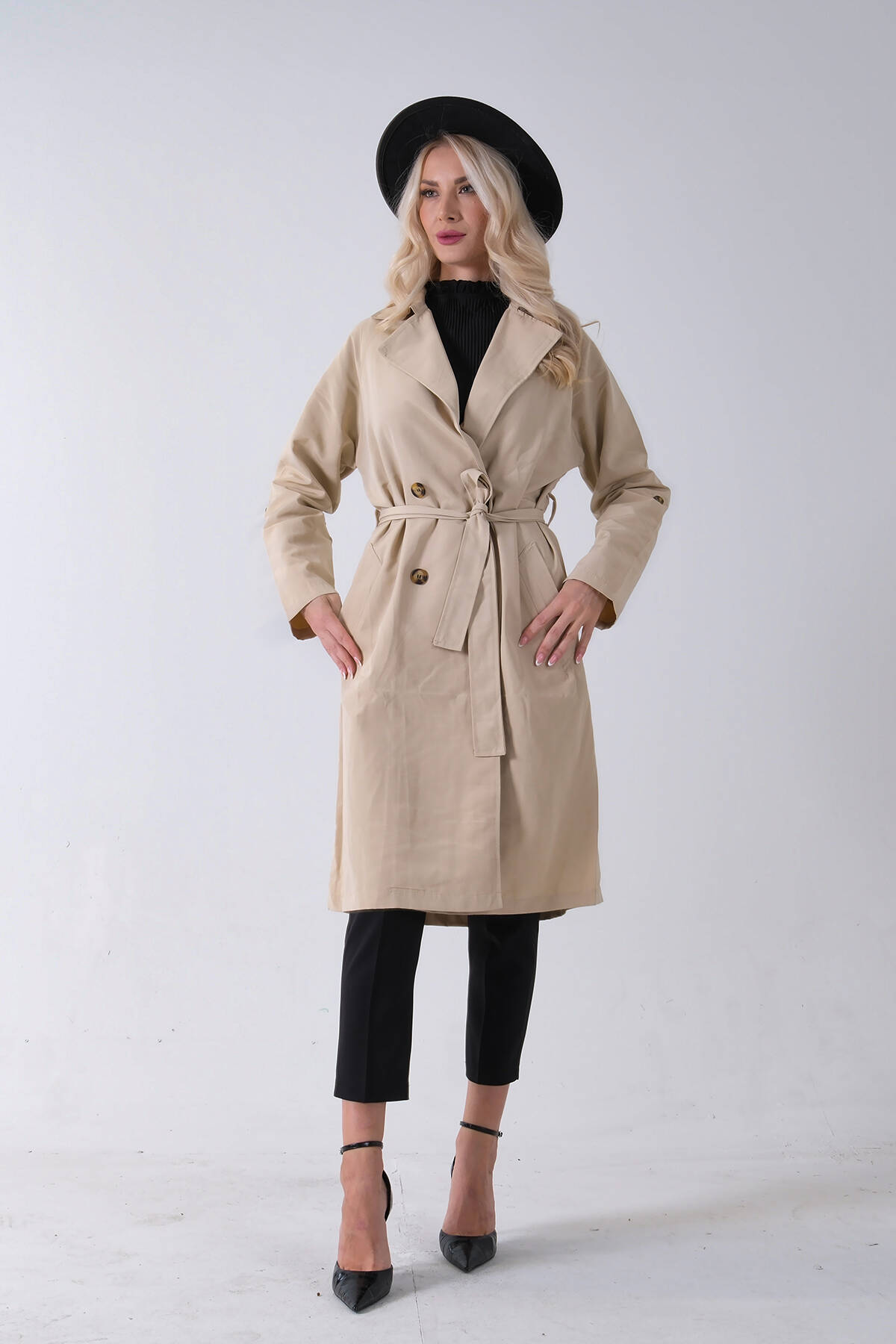 Bej Önden Düğme Kapamalı Yandan Cepli Kuşaklı Uzun Trenç 4200823.55 - Ardanewline