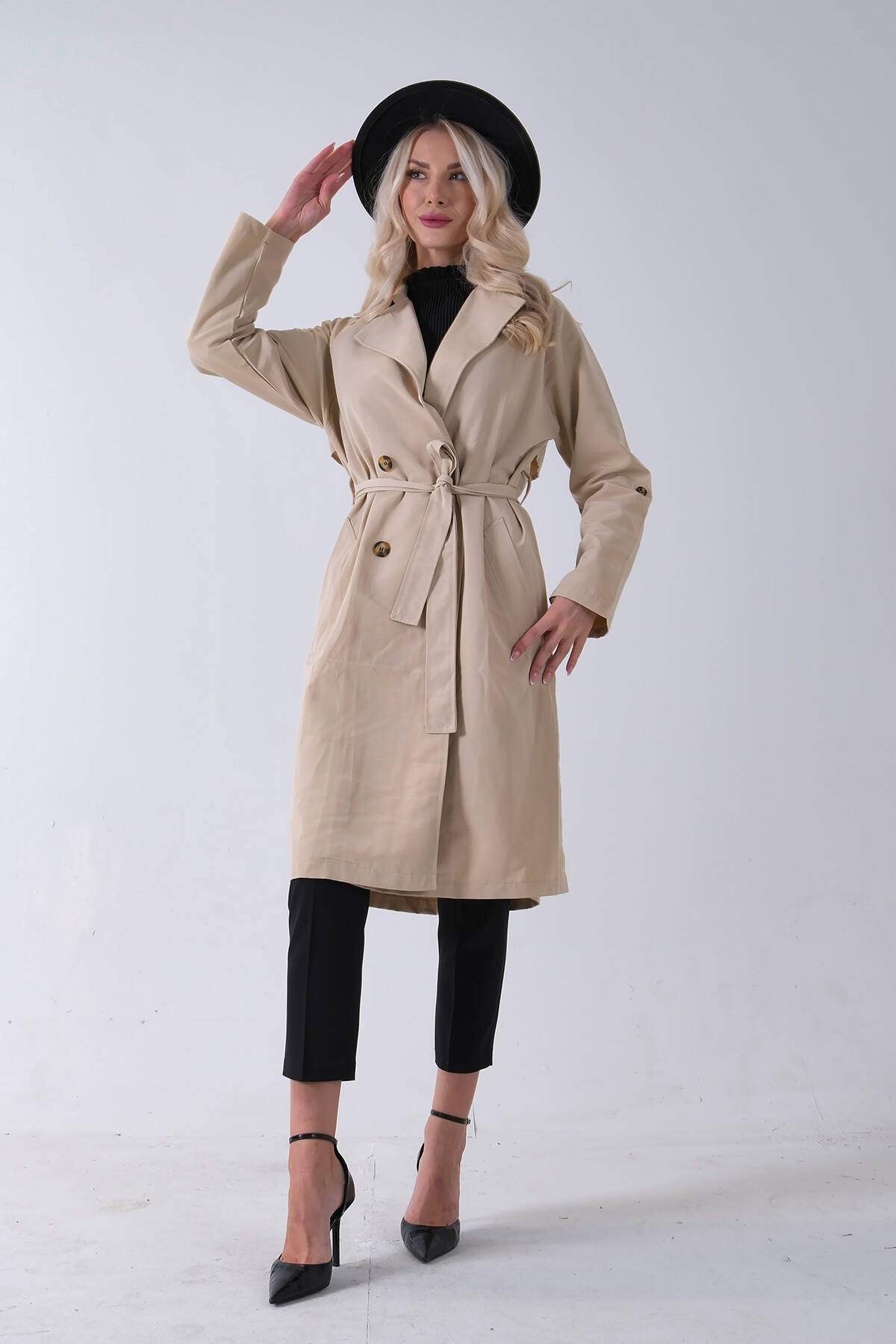 Bej Önden Düğme Kapamalı Yandan Cepli Kuşaklı Uzun Trenç 4200823.55 - Ardanewline (1)