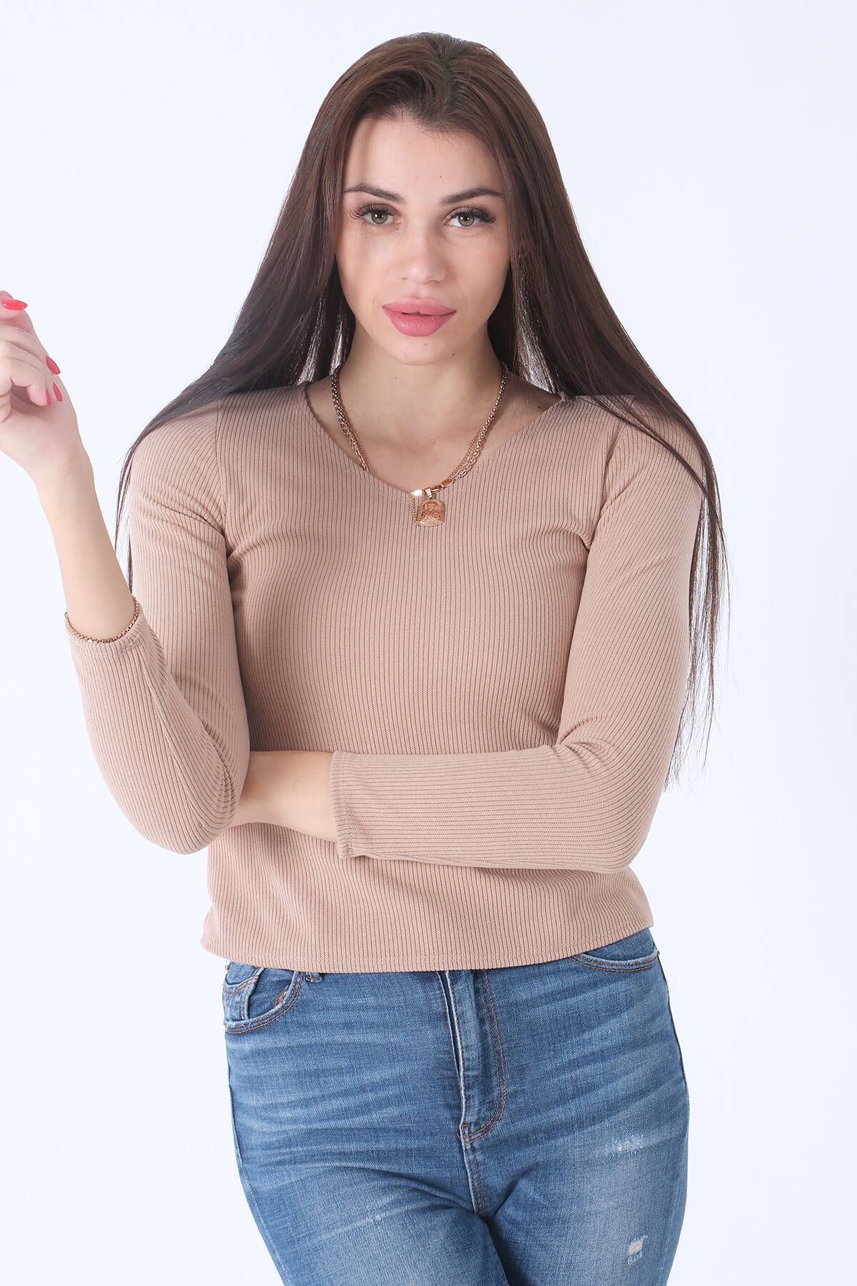 Bej Örme V Yaka Kazak 0103012.55 - Ardanewline